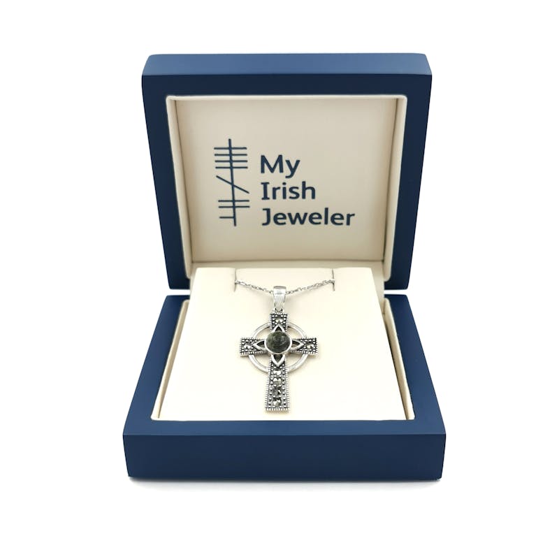 Womens Authentic Sterling Silver Celtic Cross & Connemara Marble Necklace. In Luxury Packaging.