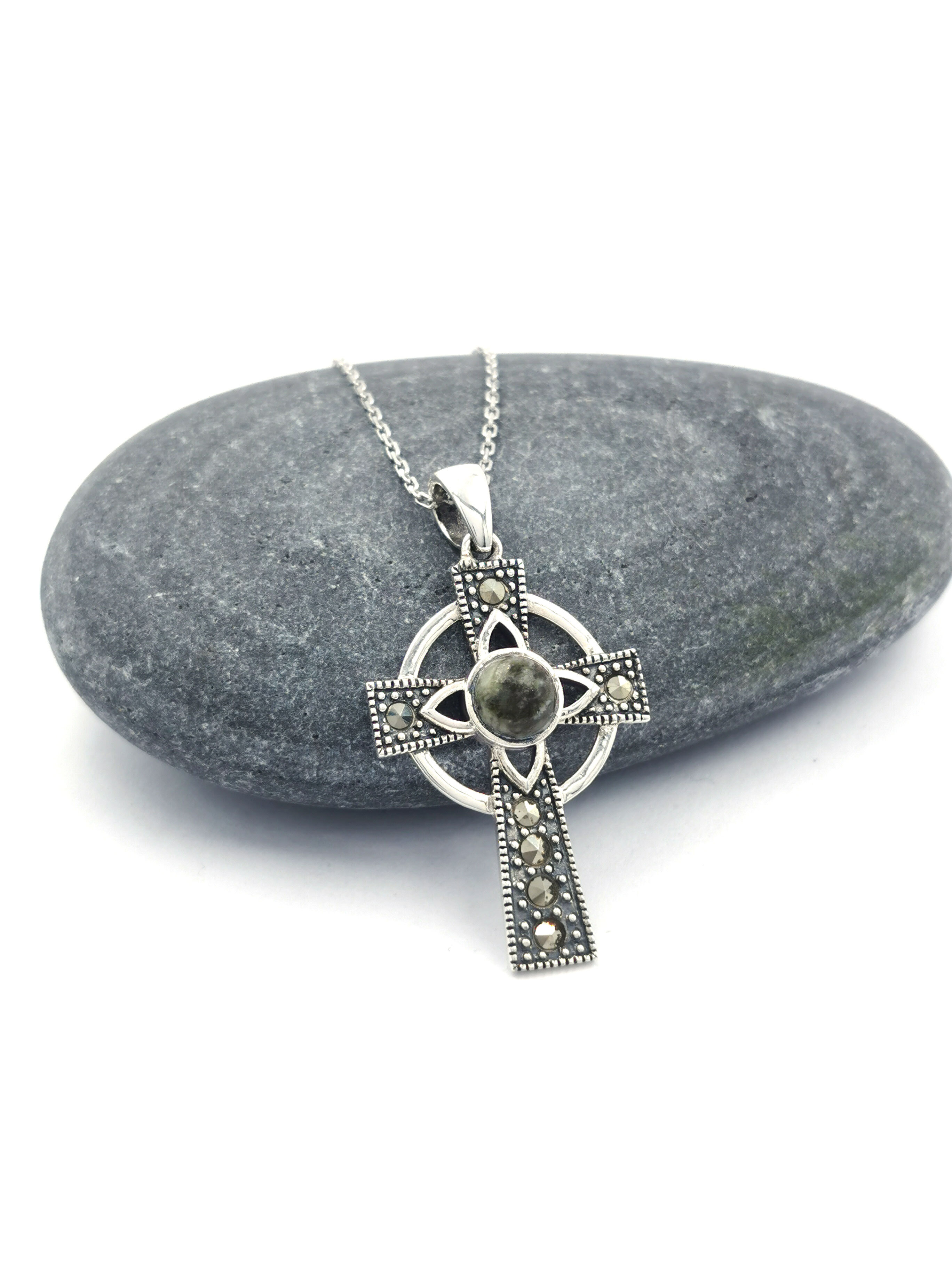 Celtic Cross & Connemara Marble Necklace - Shown with Cable Chain