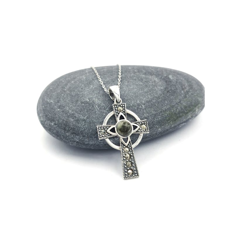 Celtic Cross & Connemara Marble Necklace - Shown with Cable Chain