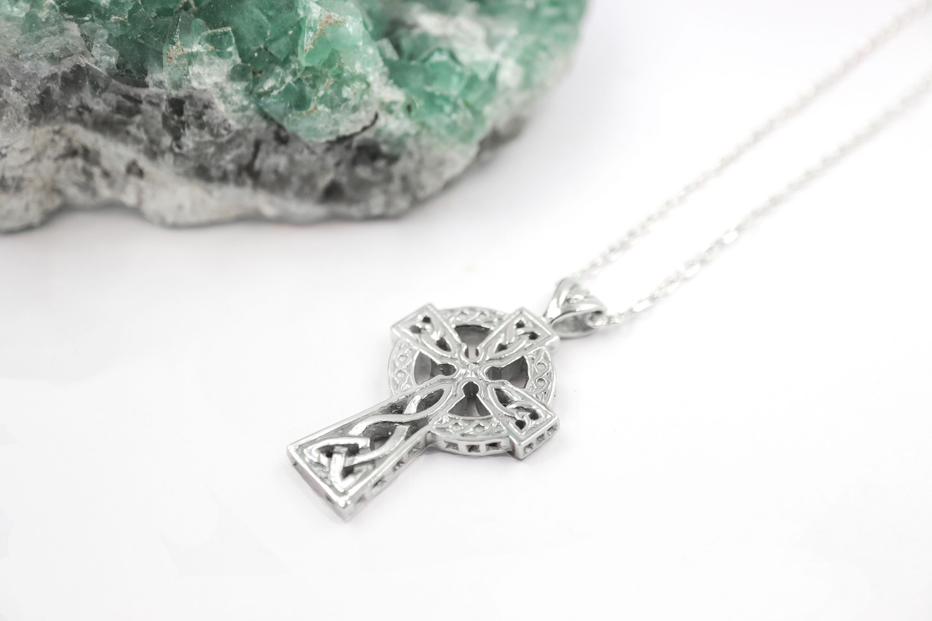 Celtic Cross Necklace in Sterling Silver. Side View.