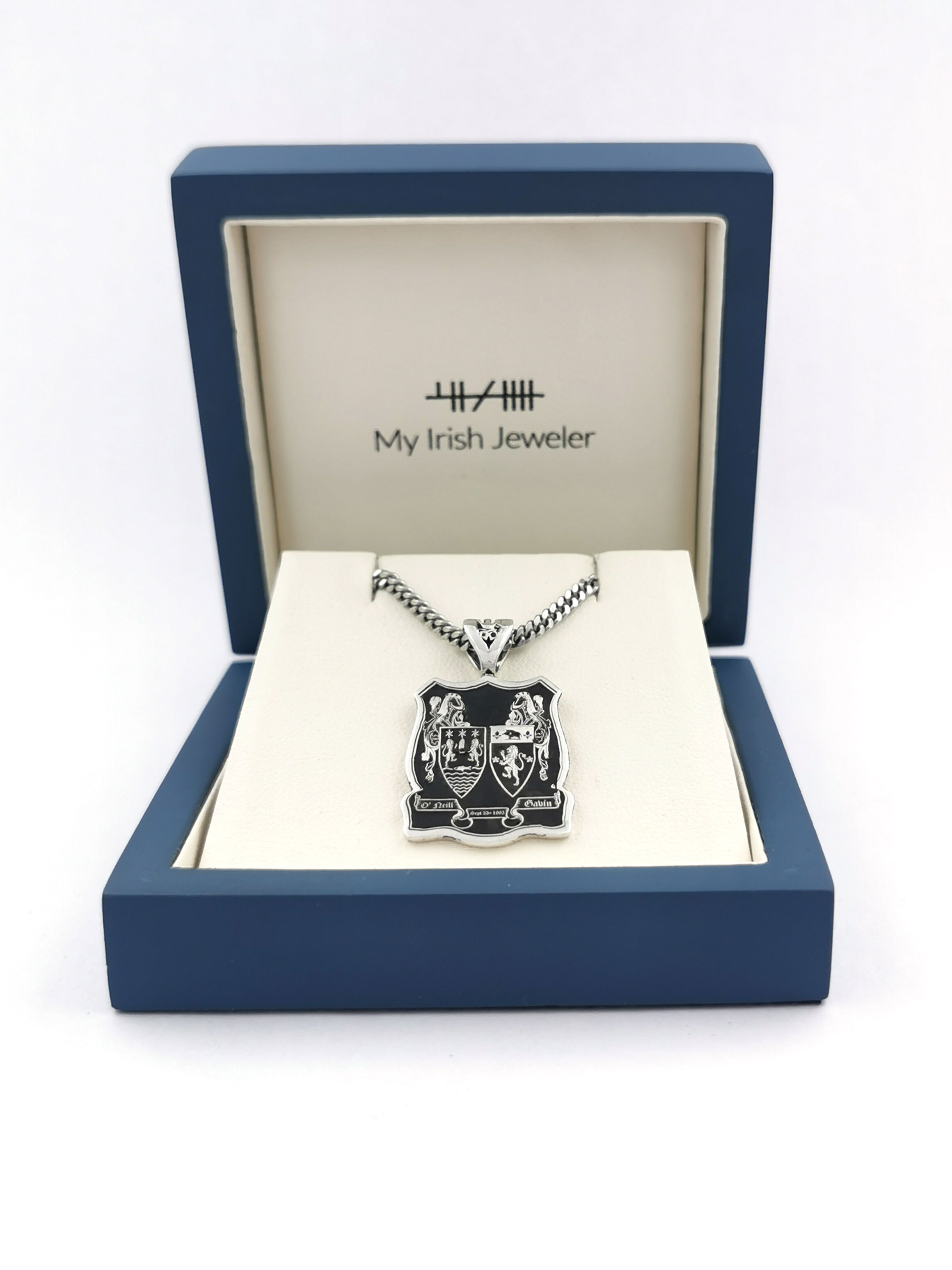 Oxidised Sterling Silver Family Crest Necklace. In Luxury Packaging.