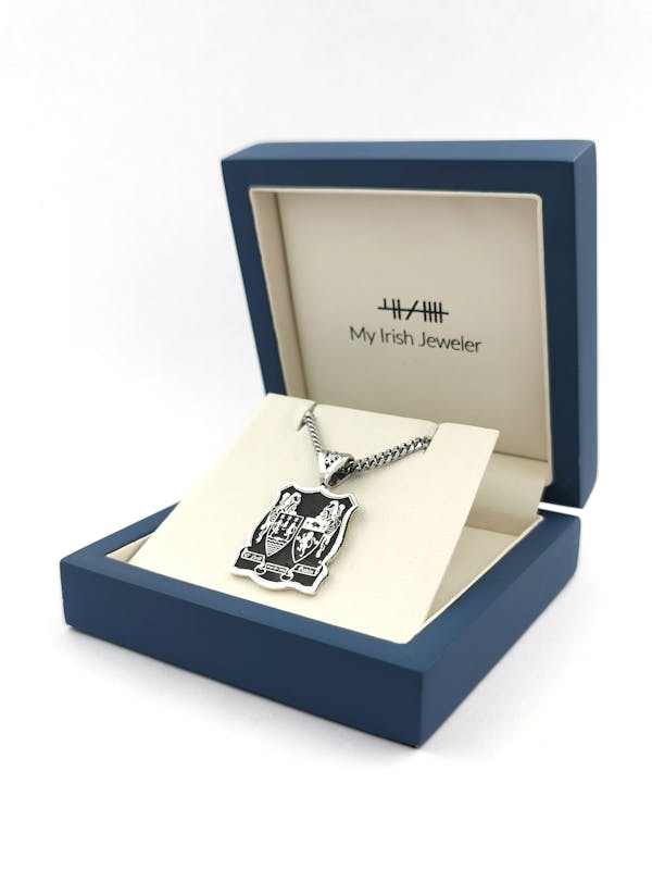 Family Crest Necklace in Sterling Silver With a Oxidized Finish. In Luxury Packaging.