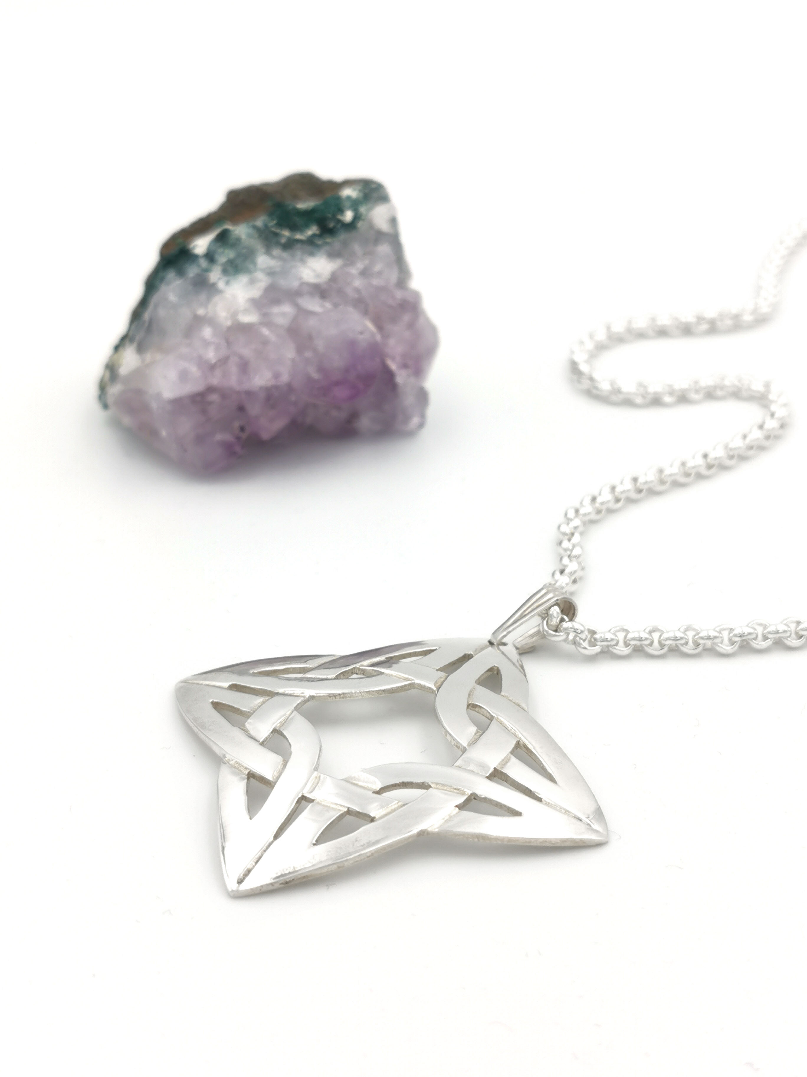 Large Womens Genuine Sterling Silver Celtic Knot Necklace. Pictured Flat.