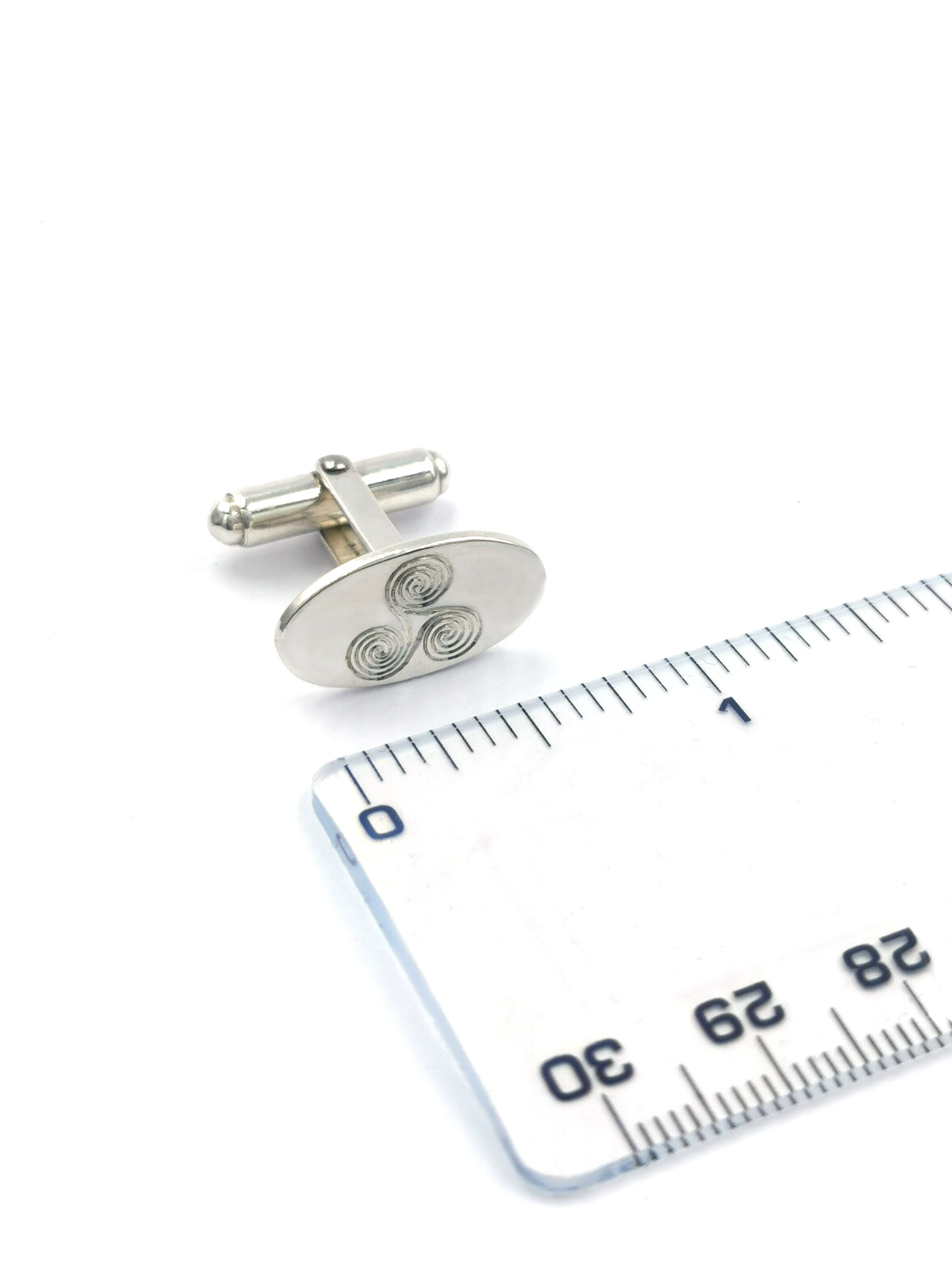 Mens Sterling Silver Triskele & Newgrange Cufflinks. Picture For Scale.