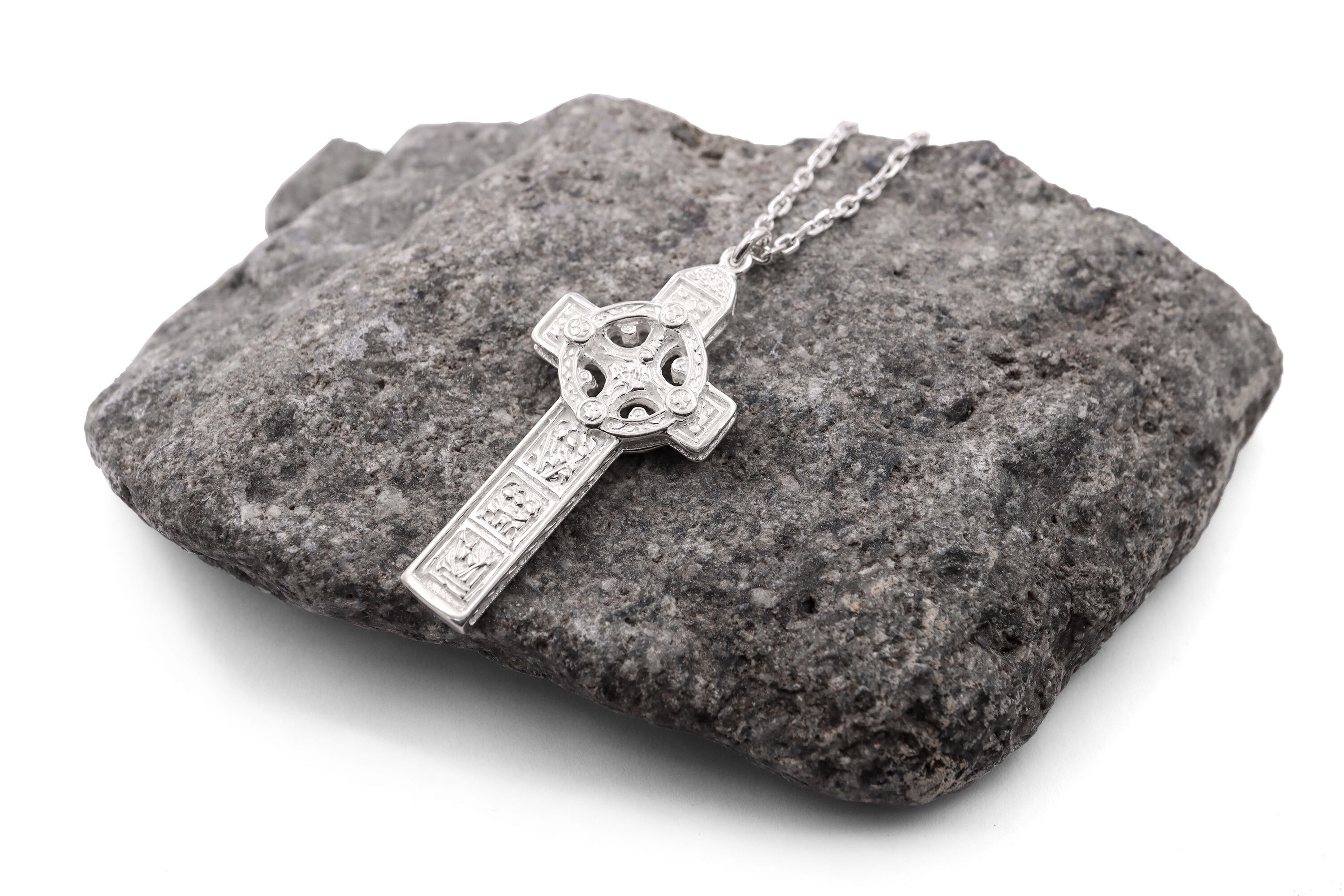 Striking 10K White Gold Celtic Cross & High Crosses Of Ireland Necklace