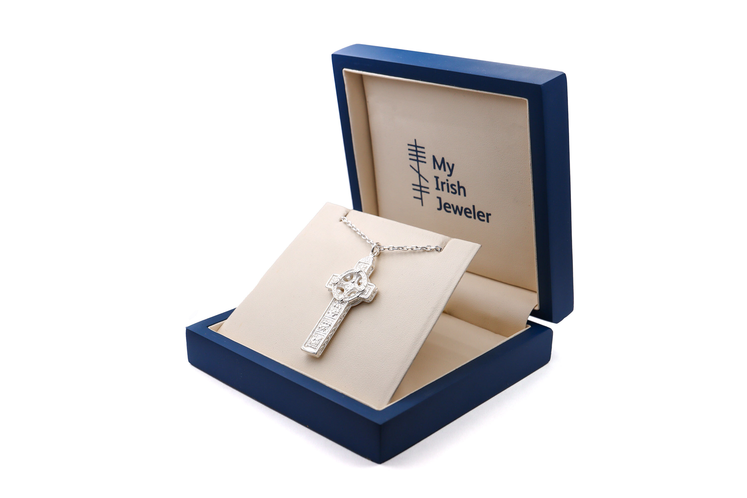 Luxurious White Gold Celtic Cross & High Crosses Of Ireland Necklace