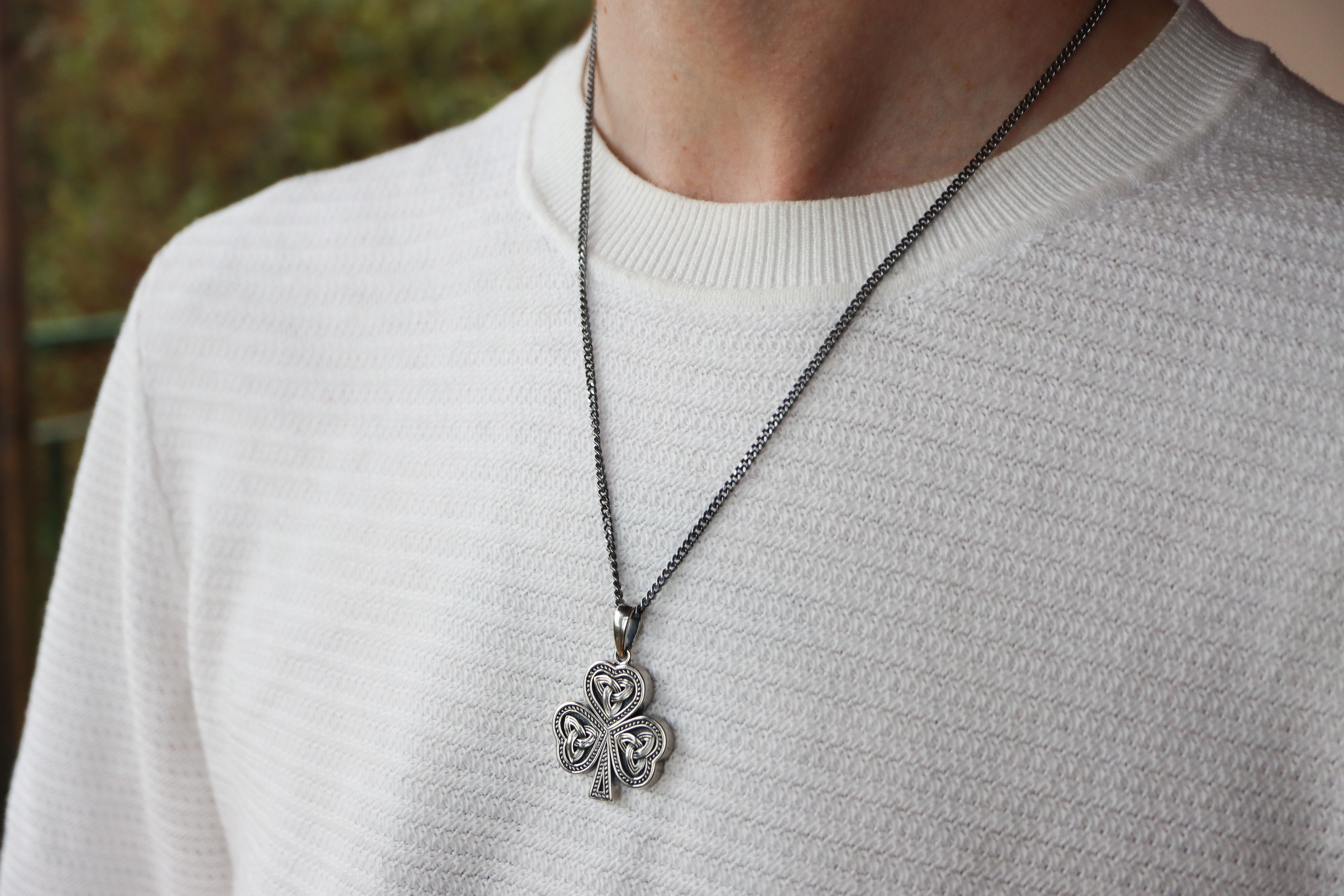 Sterling Silver Heavy Shamrock Necklace Sku 13203 model