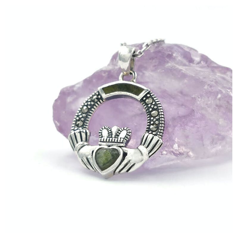 Sterling Silver Connemara Marble & Marcasite Claddagh Pendant