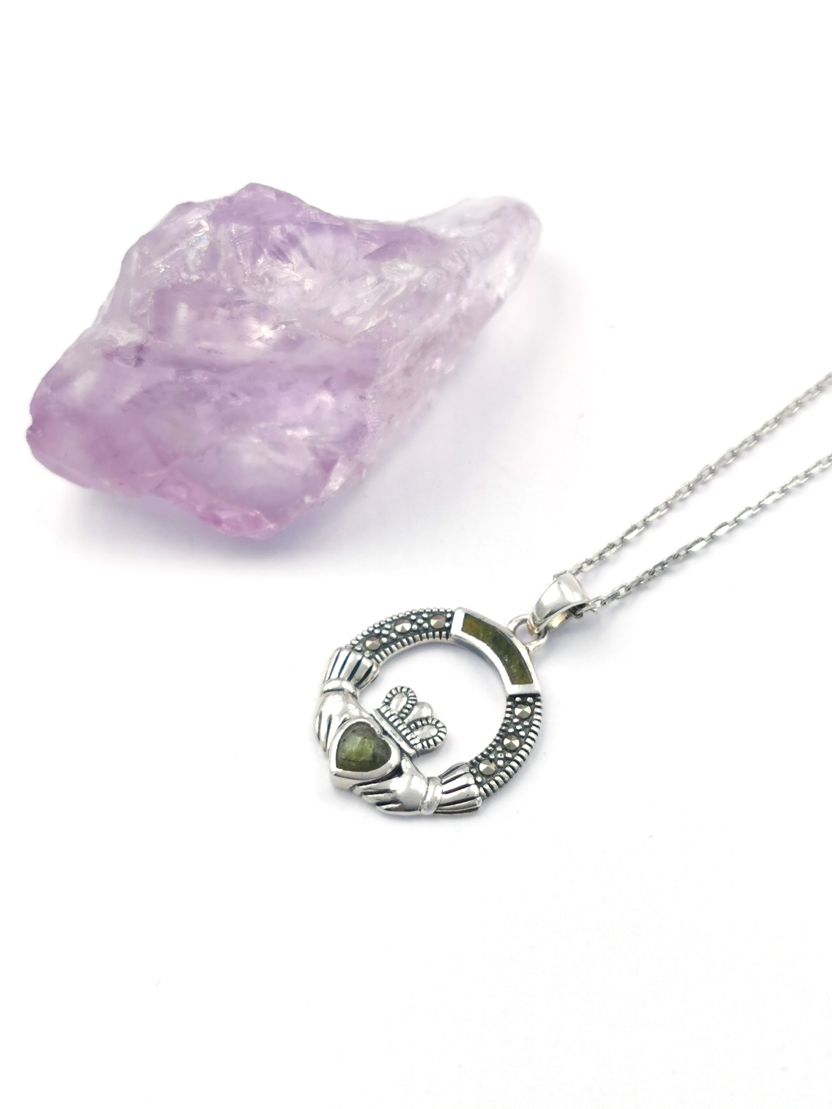 Gorgeous Sterling Silver Claddagh Necklace For Women. Pictured Flat.