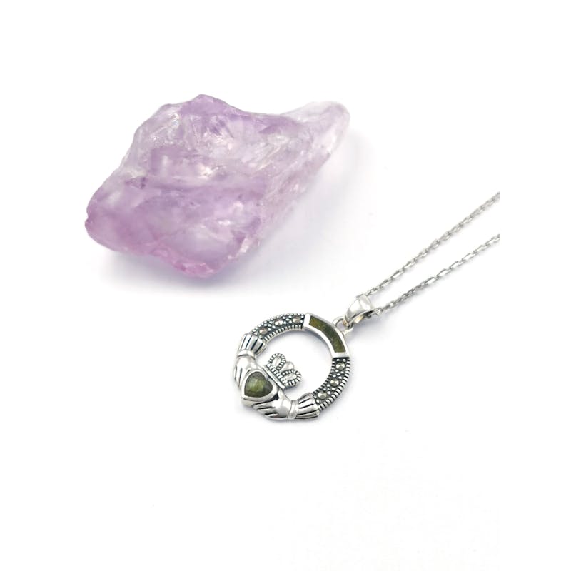 Gorgeous Sterling Silver Claddagh Necklace For Women. Pictured Flat.