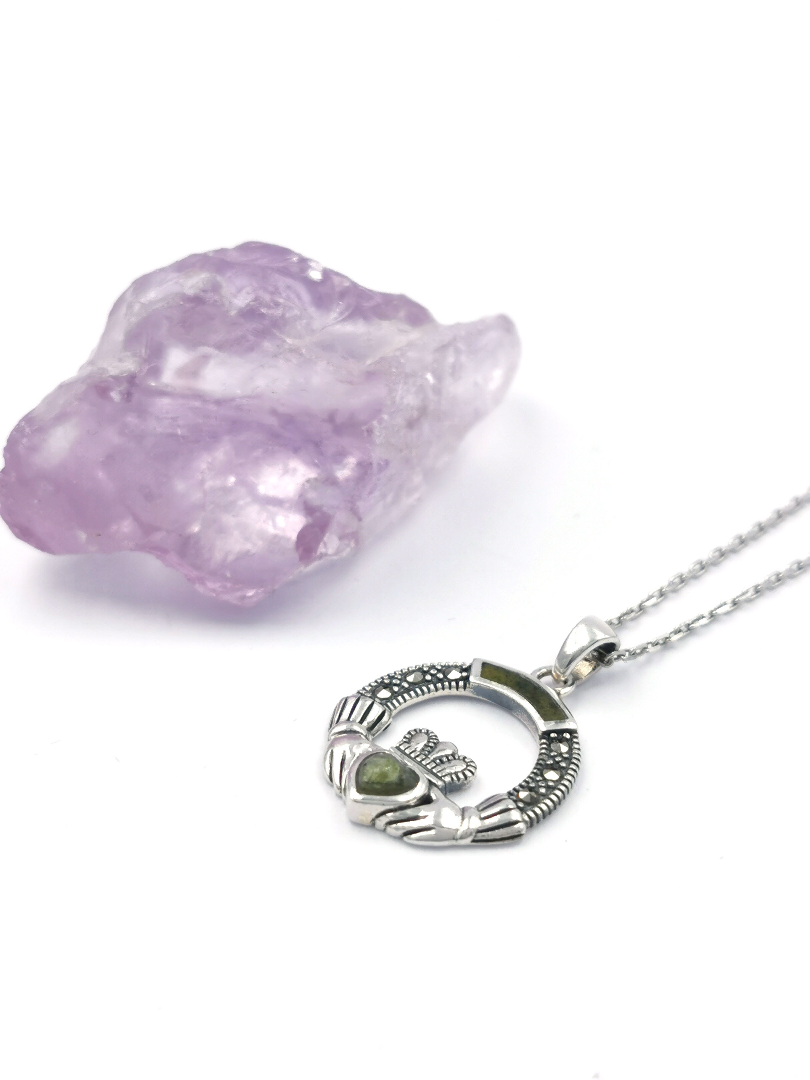 Womens Real Sterling Silver Claddagh & Connemara Marble Necklace