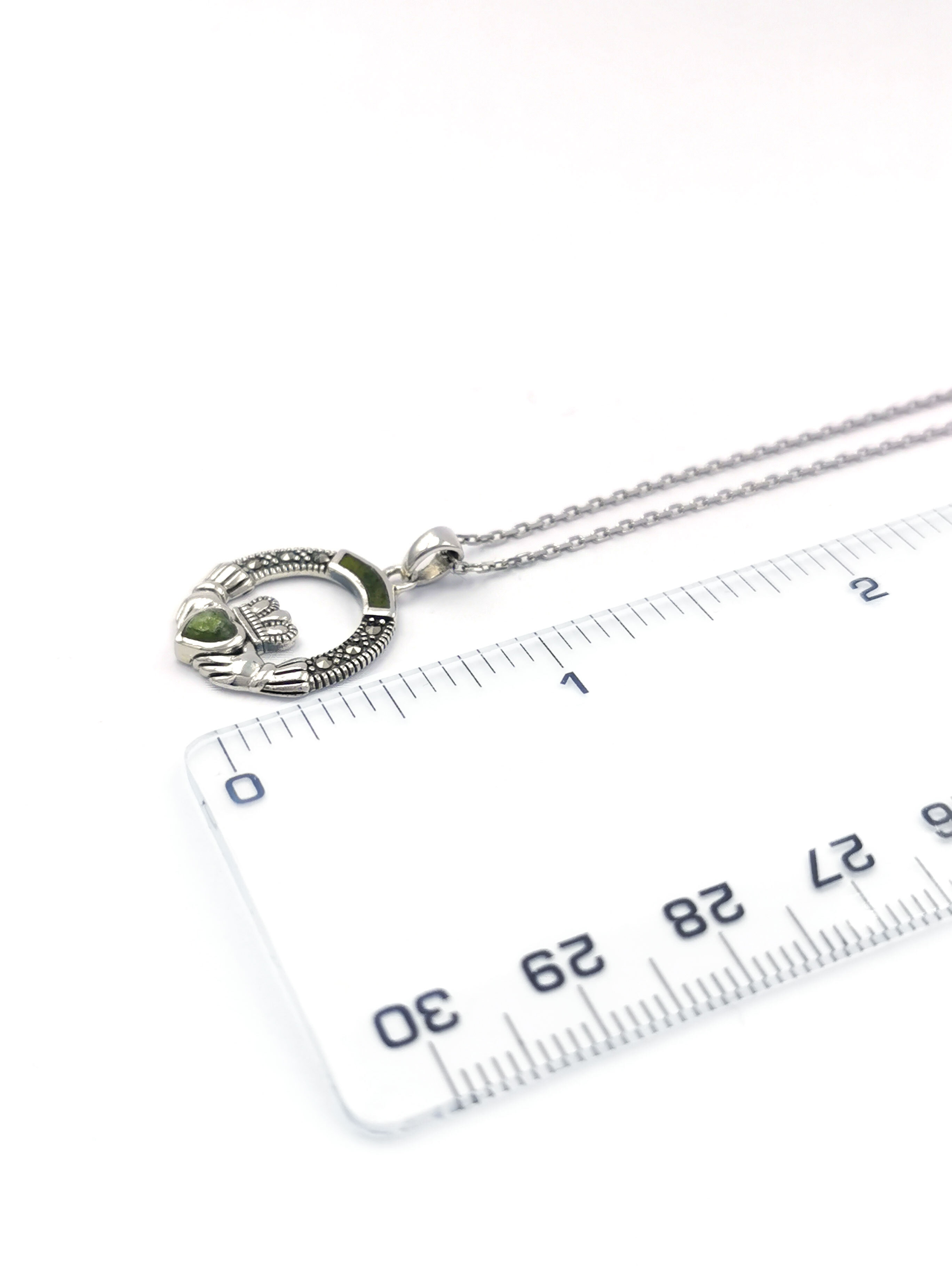 Womens Sterling Silver Claddagh & Connemara Marble Necklace. Picture For Scale.