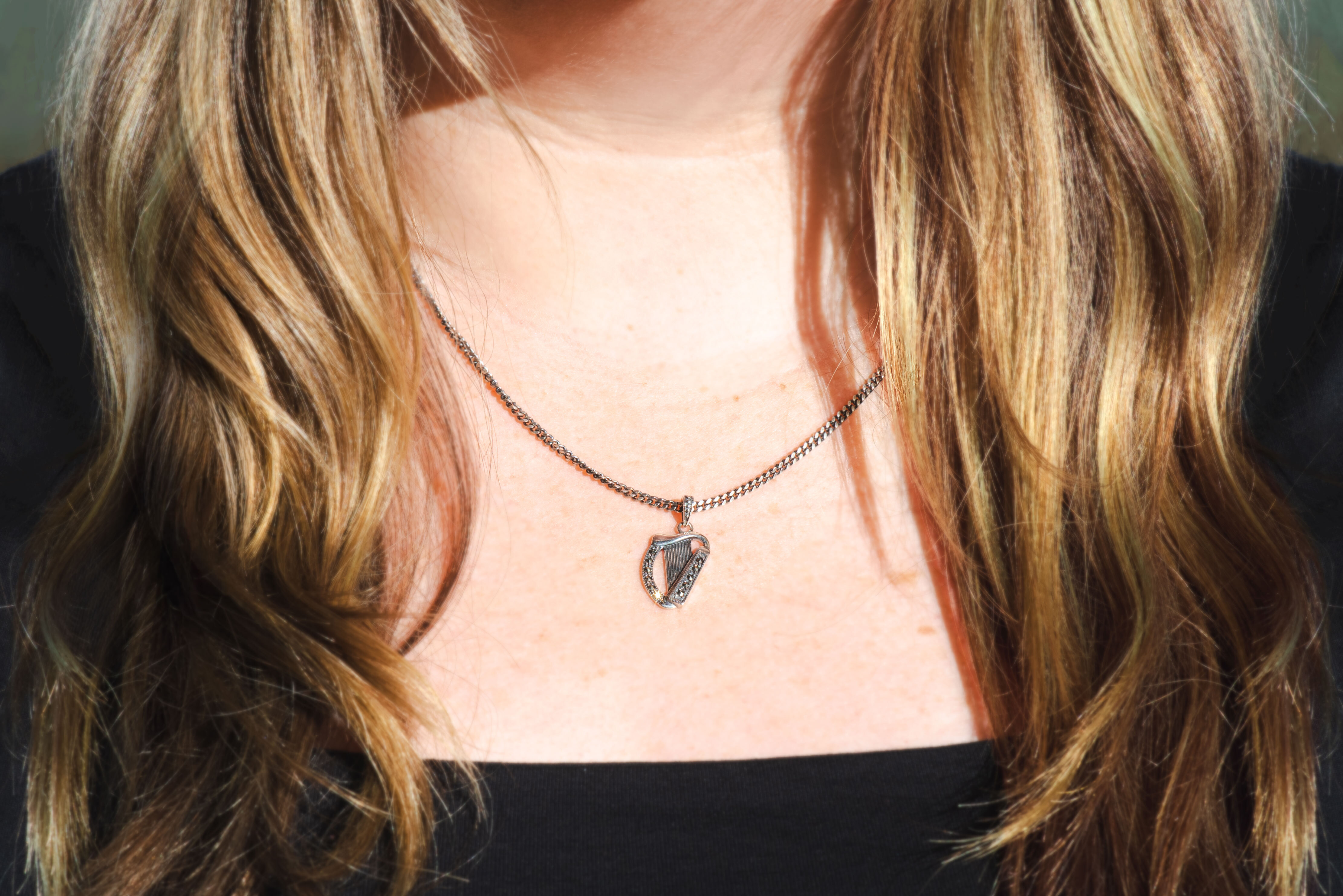 Genuine Sterling Silver Irish Harp Necklace - Model Photo