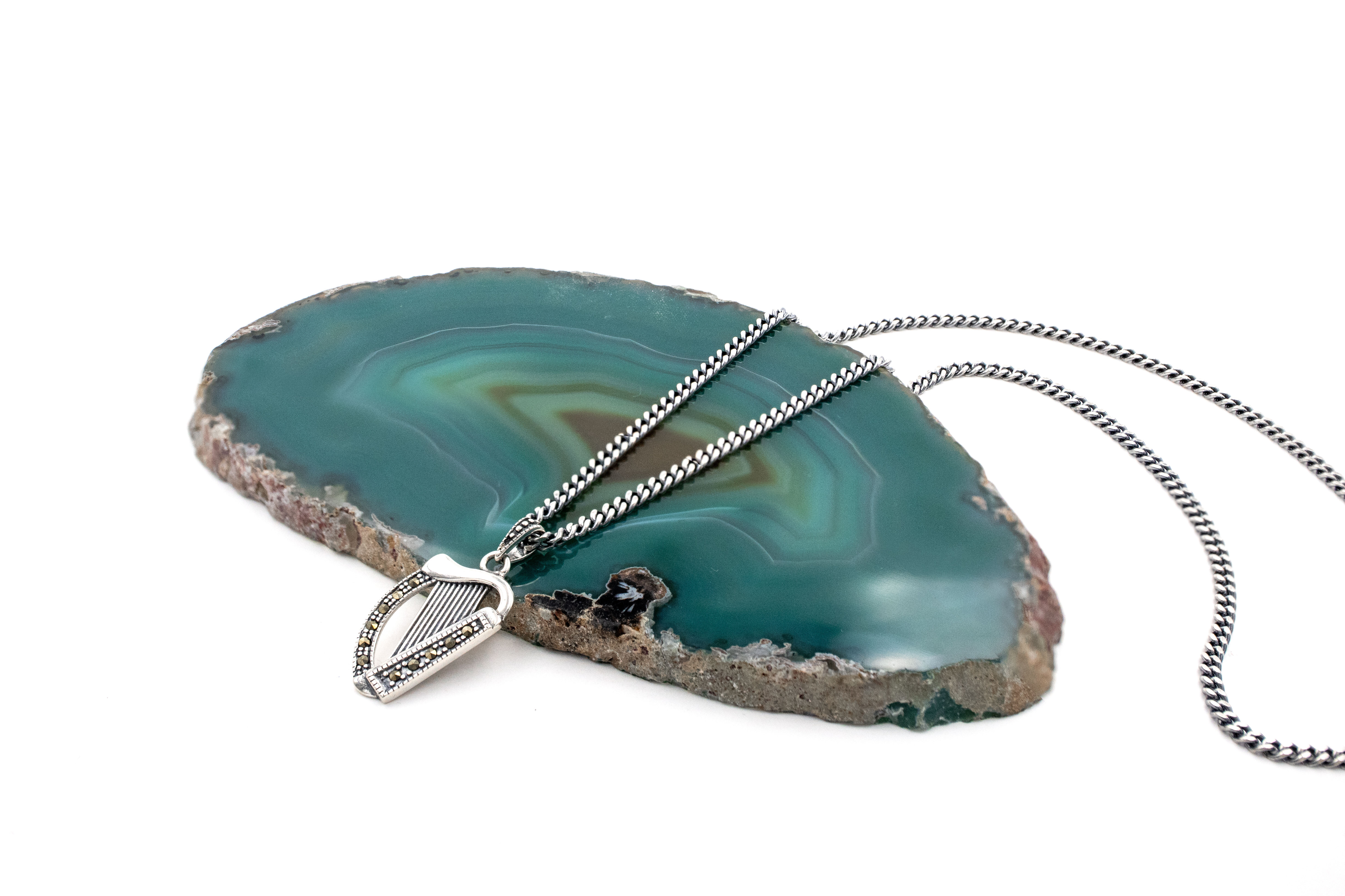 Striking Sterling Silver Irish Harp Necklace. Side View.