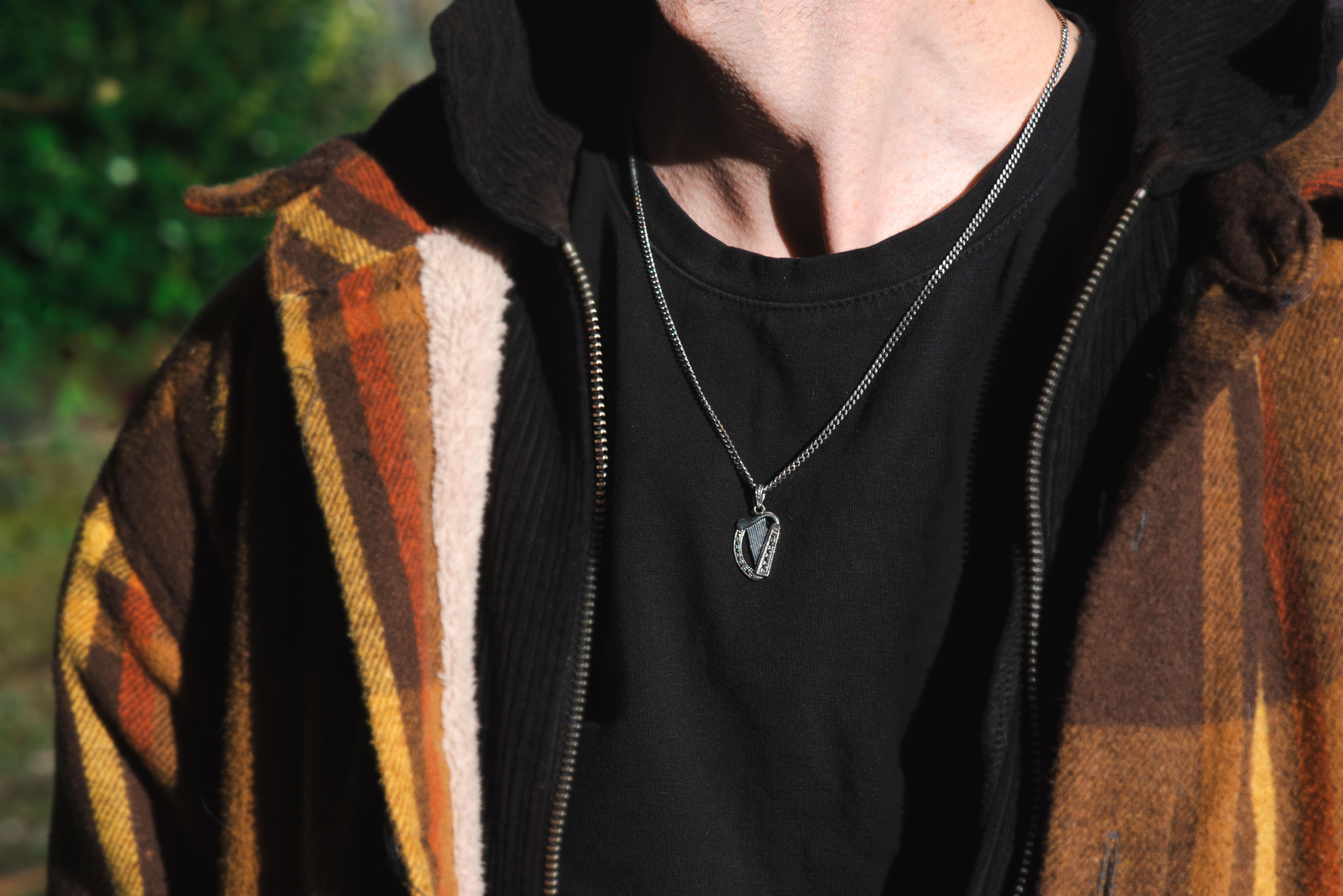 Irish Harp Necklace in Sterling Silver - Model Photo