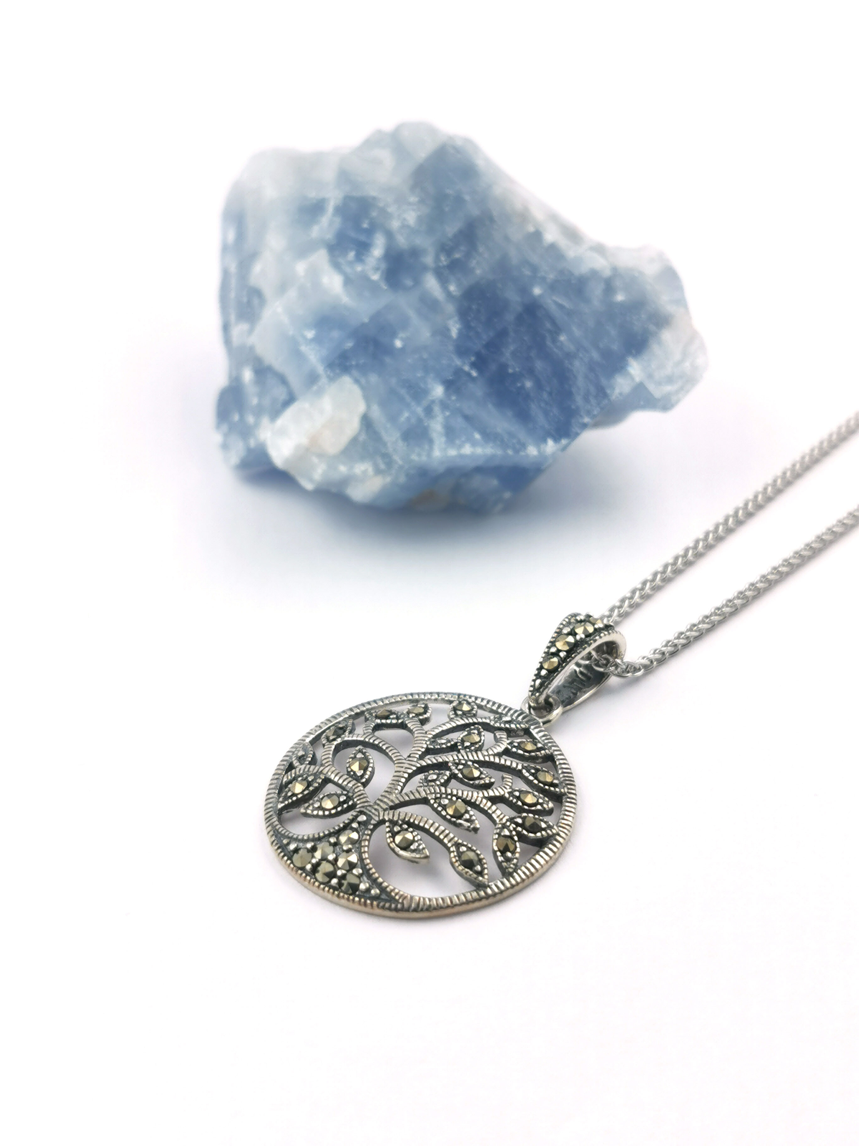 Womens Tree of Life Necklace in Sterling Silver. Pictured Flat.