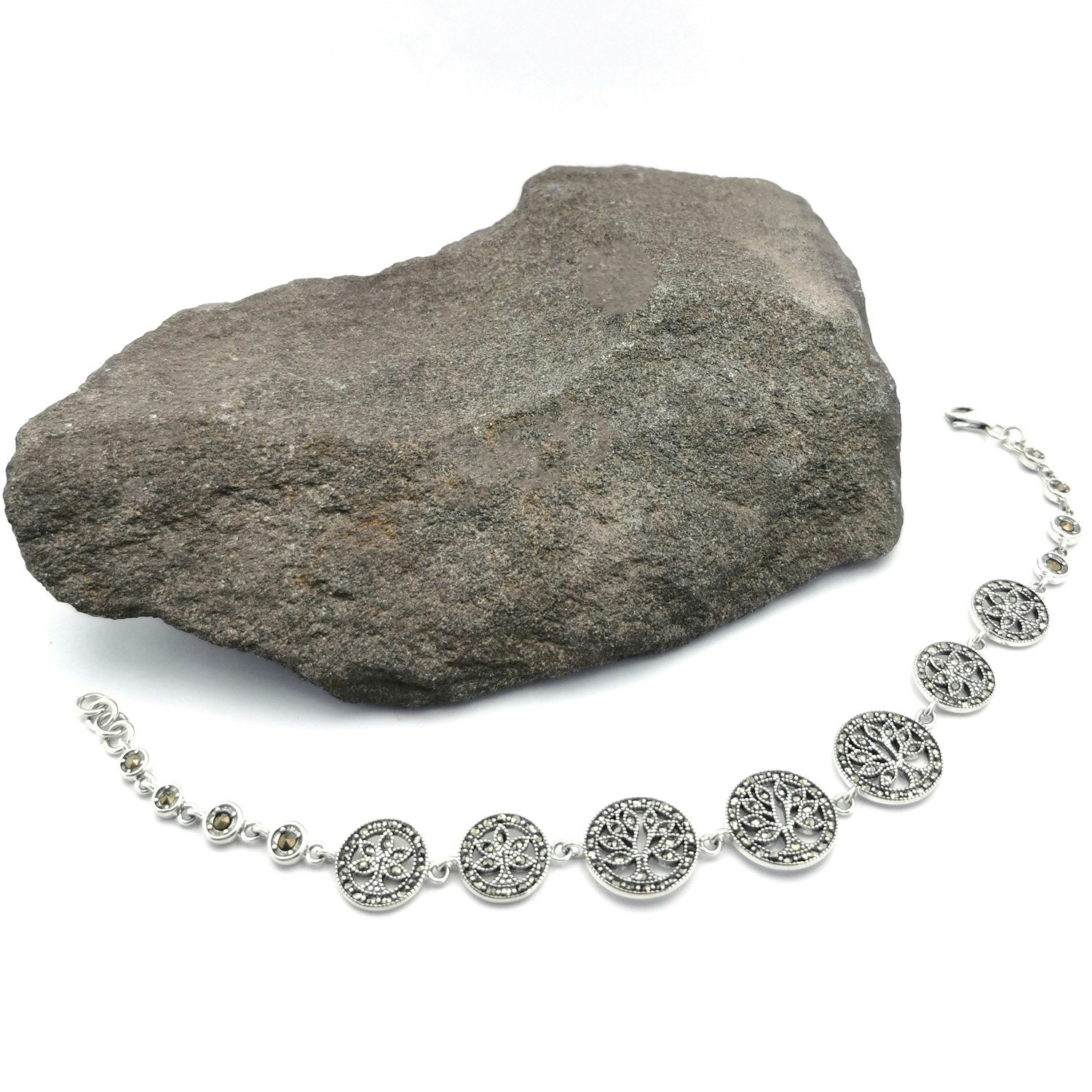 Sterling silver bracelet with a marcasite tree of life disc