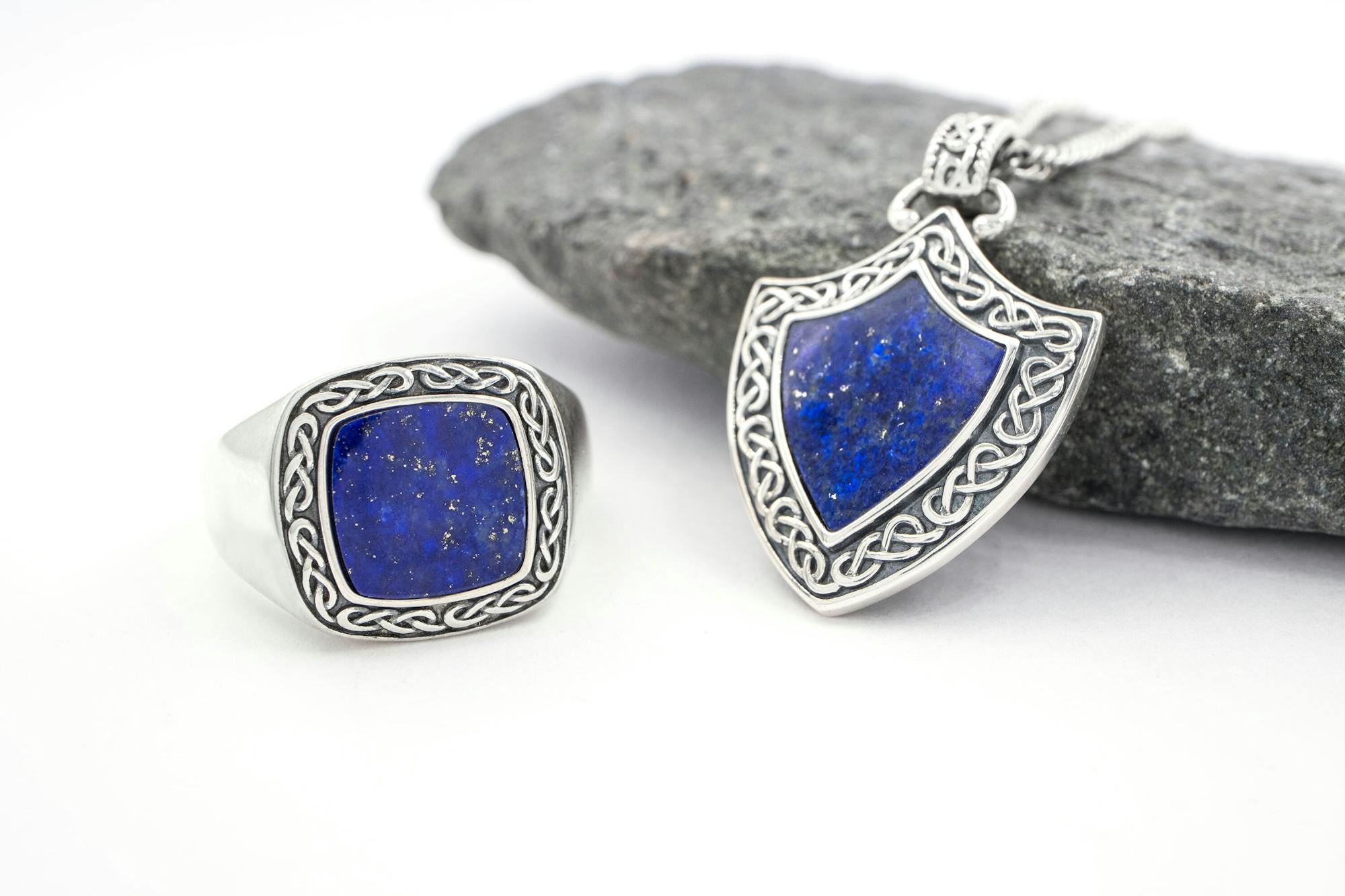 Celtic silver shawl pin with dark blue lapis lazuli stone