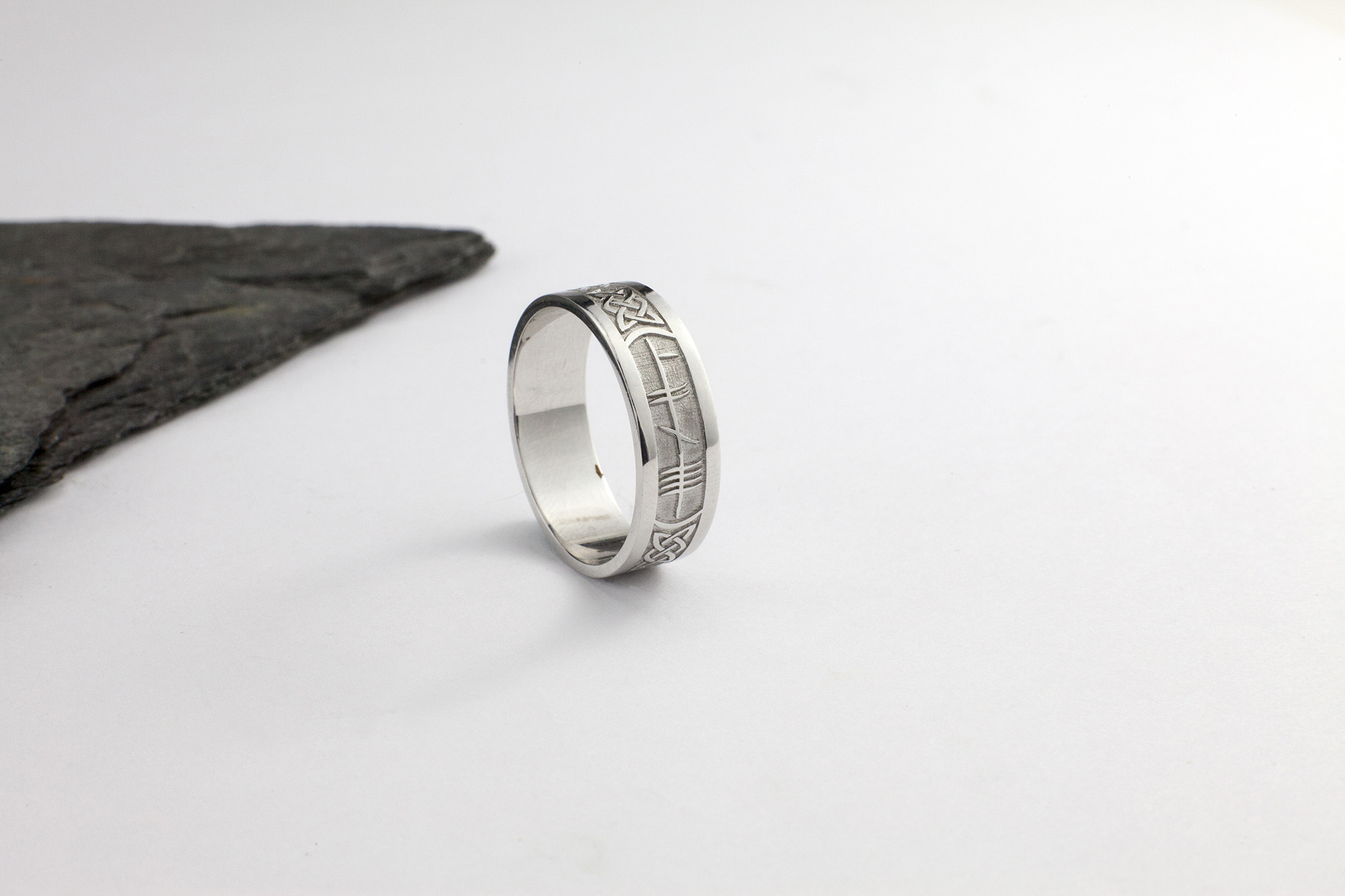 Attractive Sterling Silver Ogham Ring With a Florentine Finish