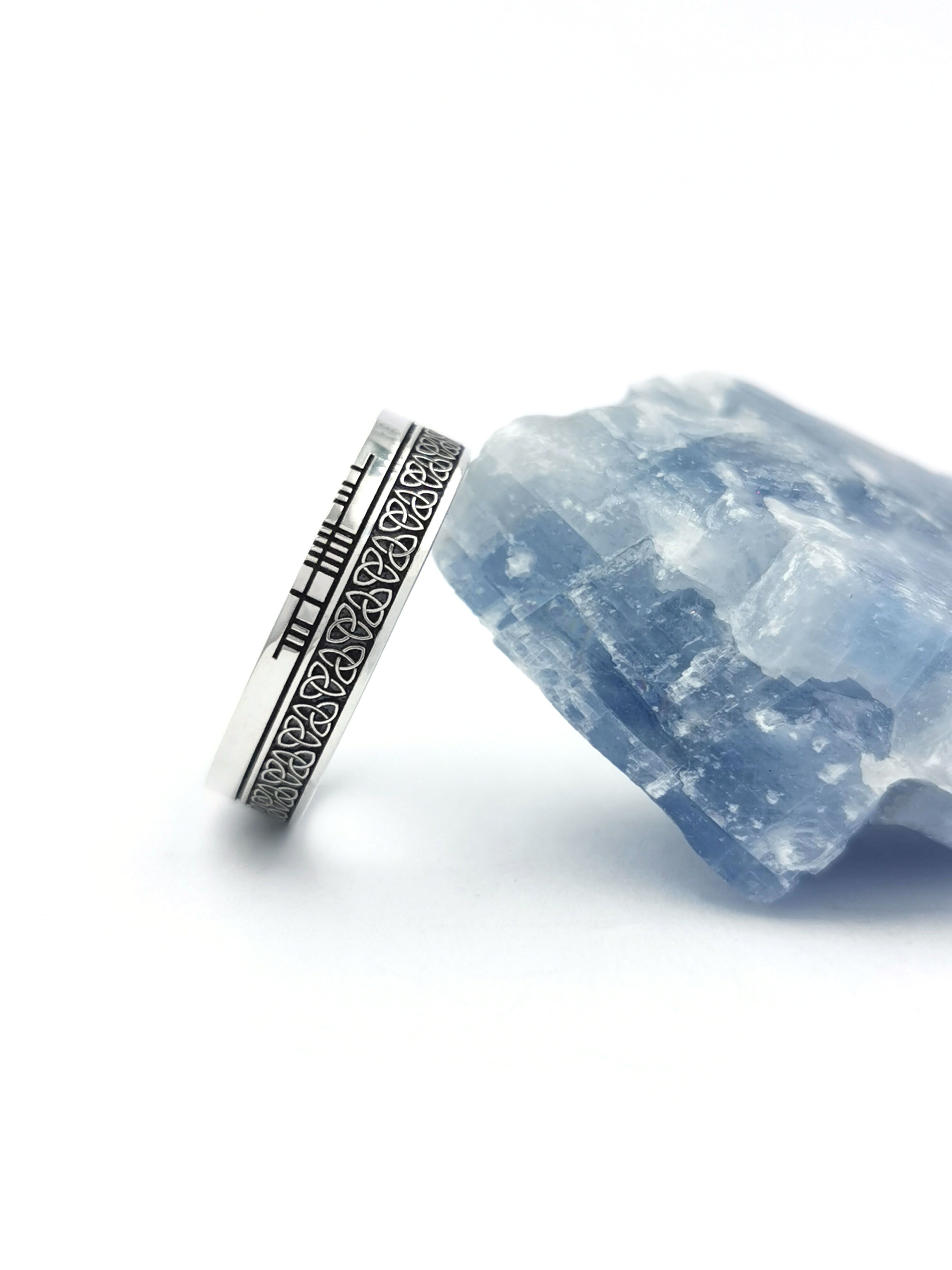 Attractive Sterling Silver Ogham & Trinity Knot 7.3mm Ring With a Oxidized Finish