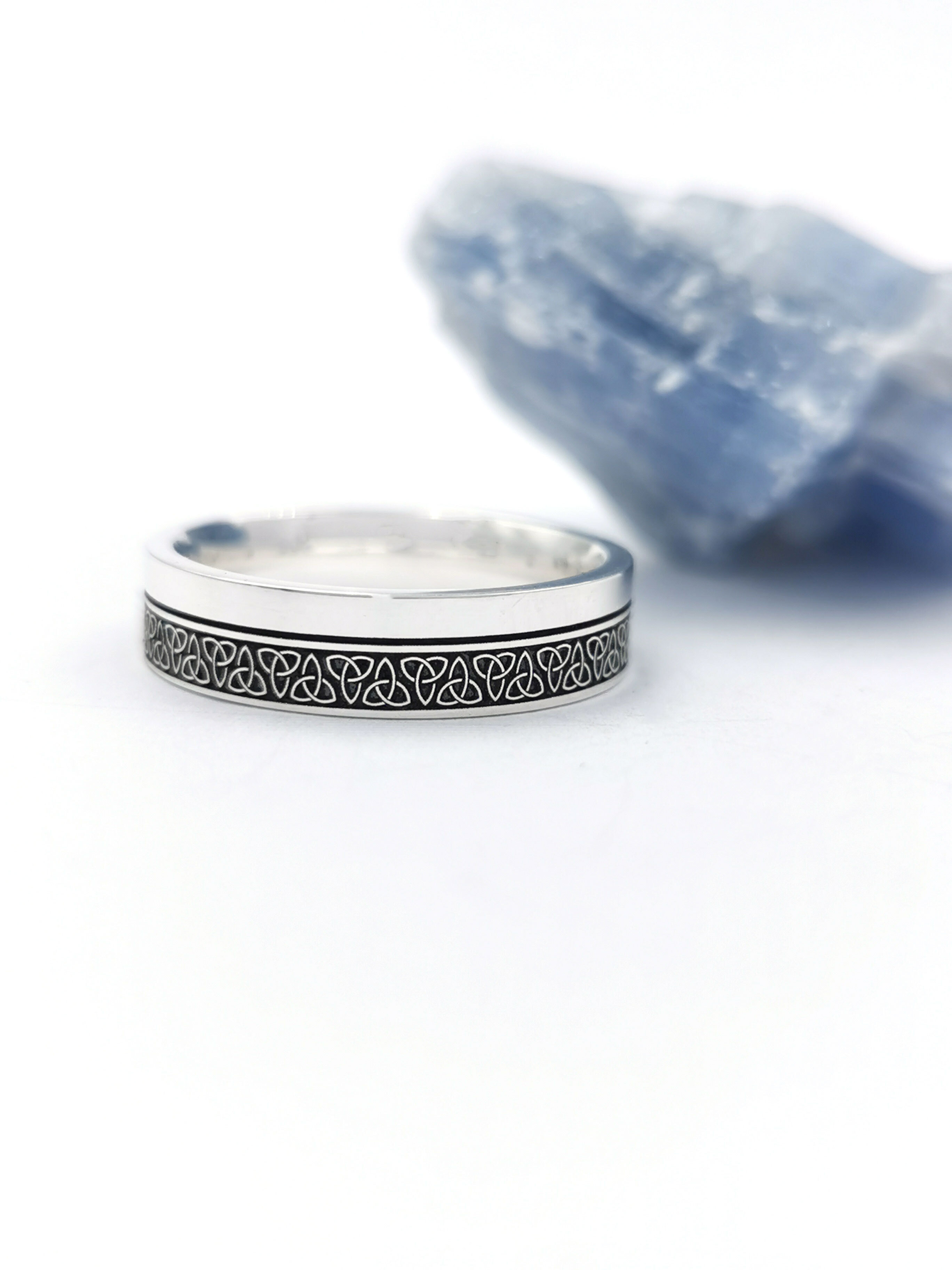 Attractive Oxidized Sterling Silver Ogham & Trinity Knot 7.3mm Ring