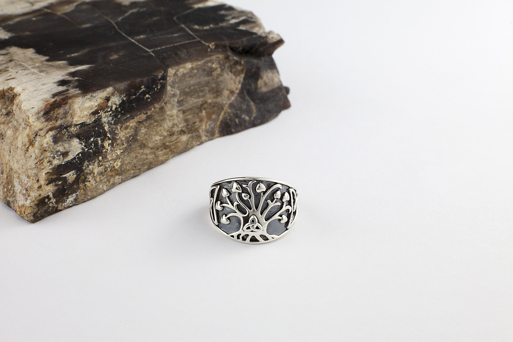 Womens Oxidised Sterling Silver Tree of Life & Trinity Knot Ring