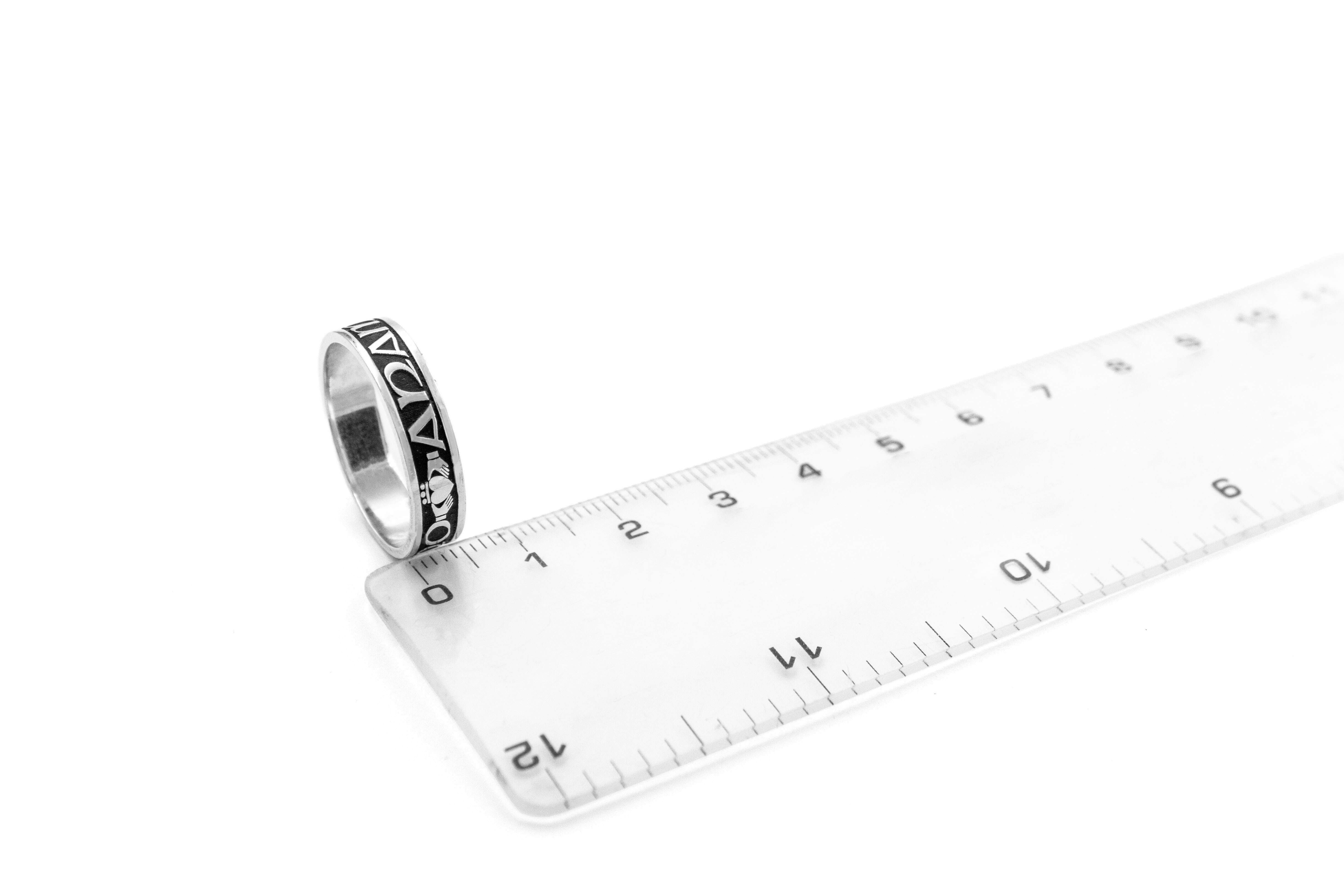 Womens Mo Anam Cara 5.0mm Ring in Sterling Silver With a Oxidized Finish. Picture For Scale.