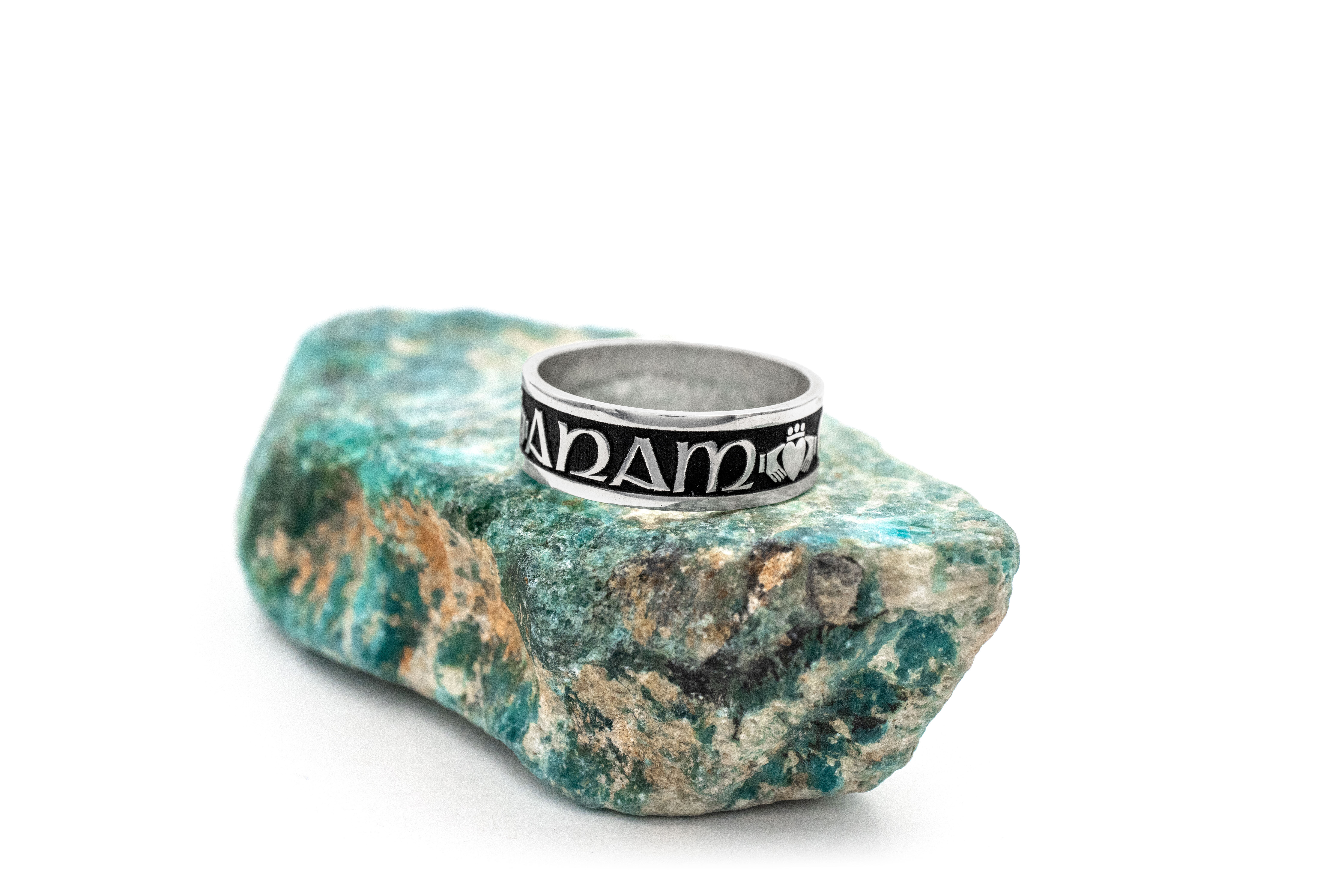 Real Sterling Silver Mo Anam Cara & Gaelic 7.0mm Ring With a Oxidised Finish