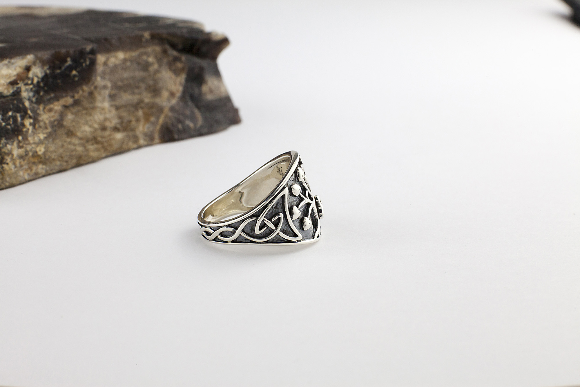 Womens Oxidised Sterling Silver Tree of Life Ring. Side View.