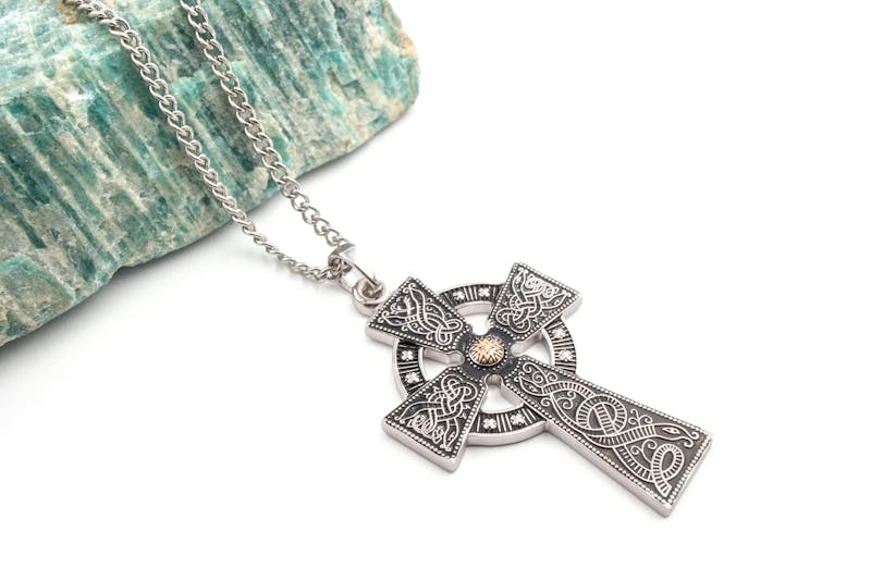 Irish Sterling Silver & Rose Gold Celtic Cross & Celtic Warrior Necklace For Men With a Oxidized Finish