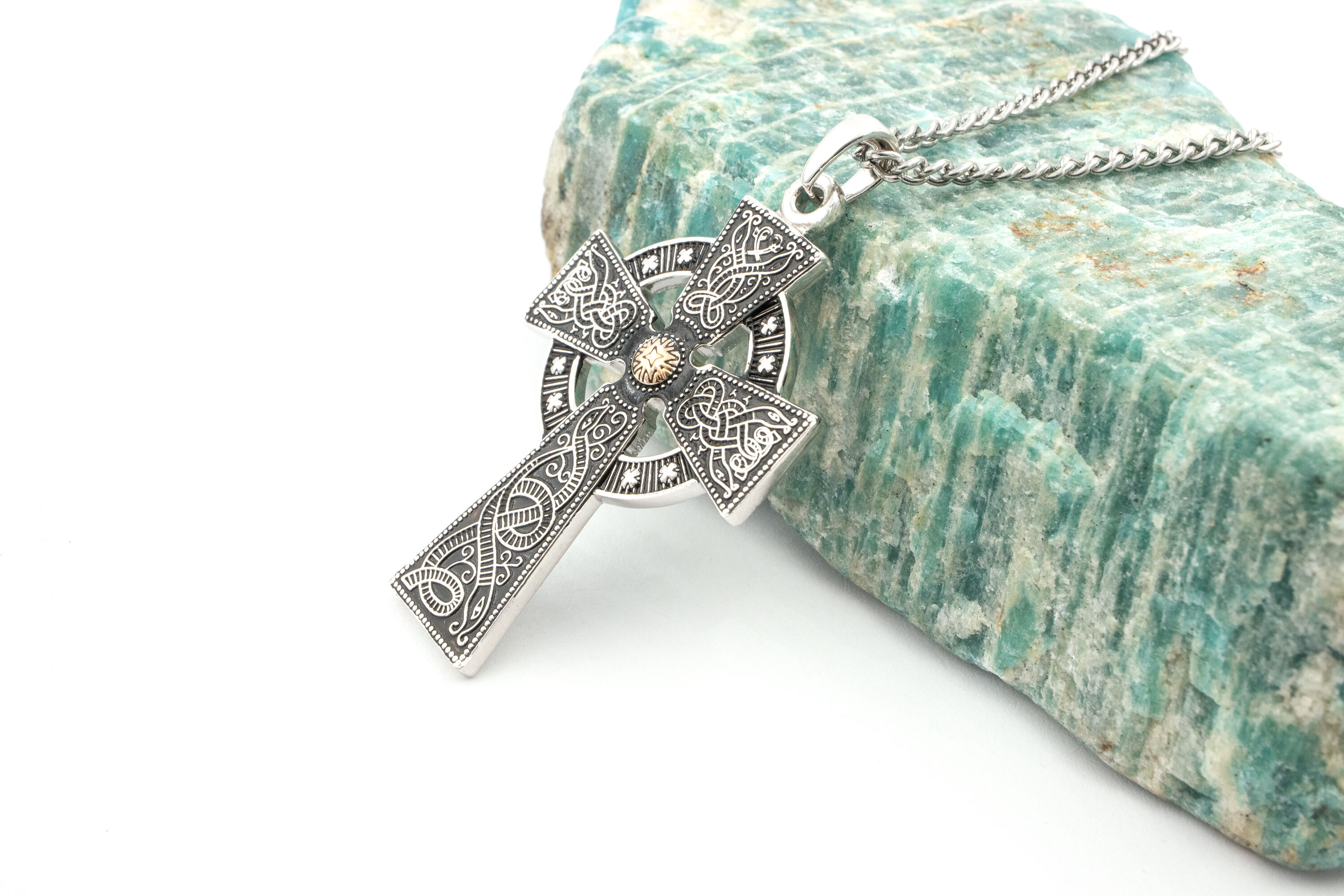 Striking Sterling Silver & Rose Gold Celtic Cross Necklace For Men With a Oxidised Finish