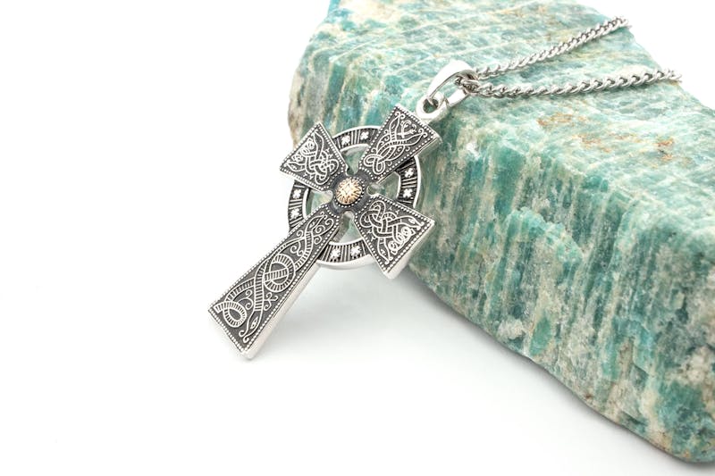 Striking Sterling Silver & Rose Gold Celtic Cross Necklace For Men With a Oxidized Finish