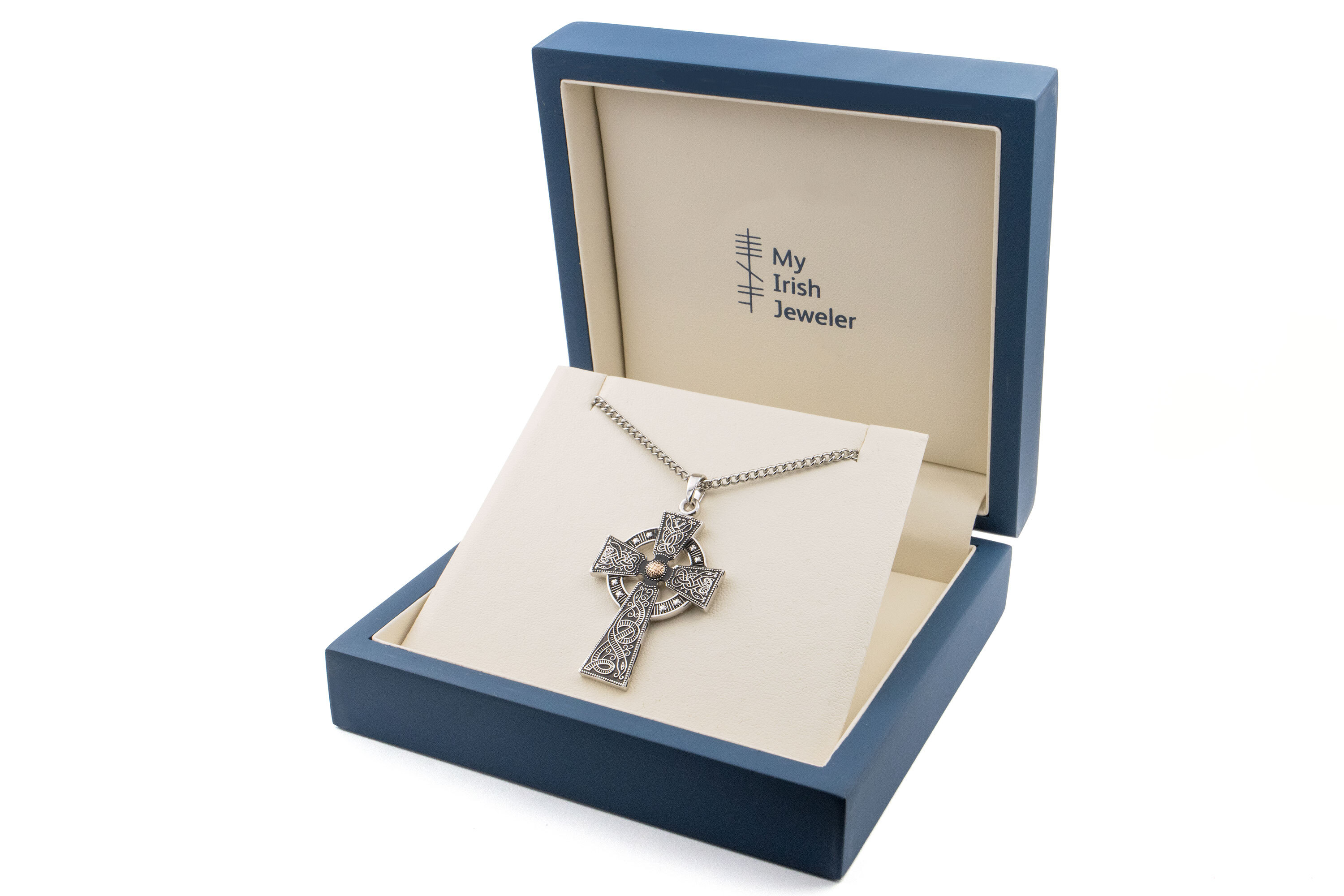 Irish Sterling Silver & Rose Gold Celtic Cross Necklace With a Oxidised Finish For Men