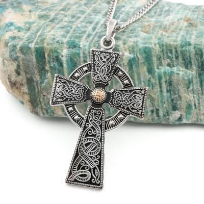 Sterling Silver Oxidised Warrior Shield Celtic Cross Rose Gold Centre Bead