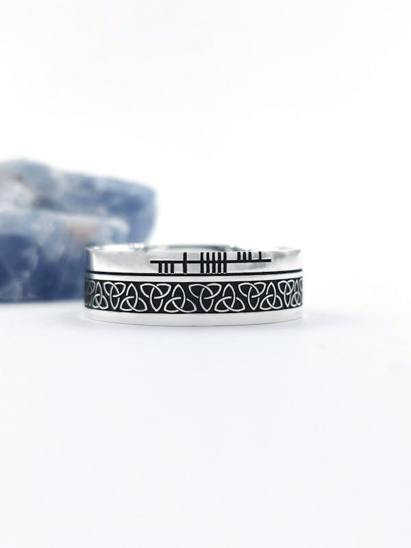Genuine Sterling Silver Ogham & Trinity Knot 7.3mm Ring With a Oxidized Finish