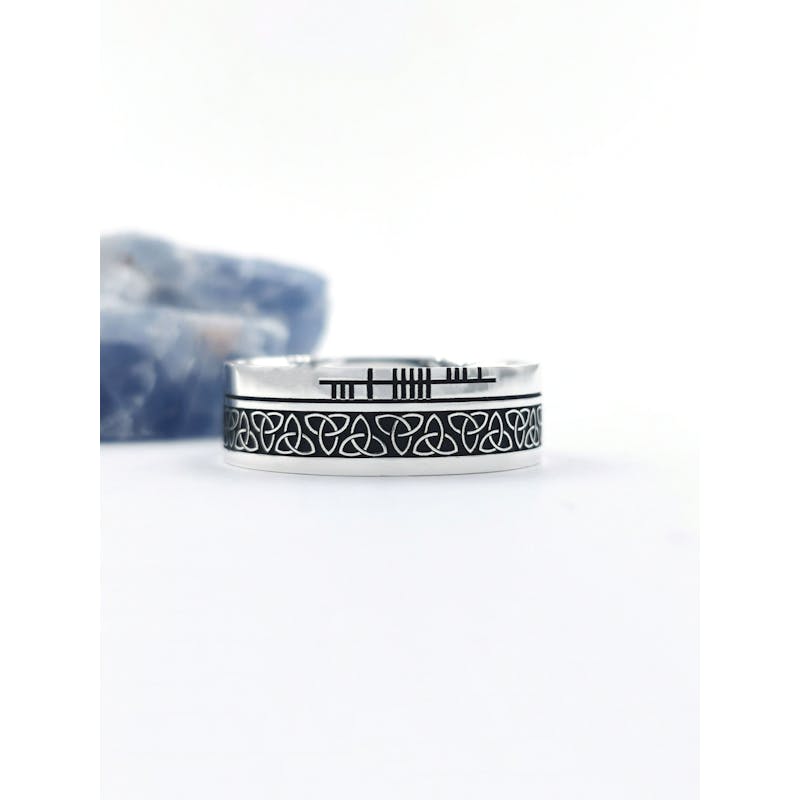Genuine Sterling Silver Ogham & Trinity Knot 7.3mm Ring With a Oxidized Finish