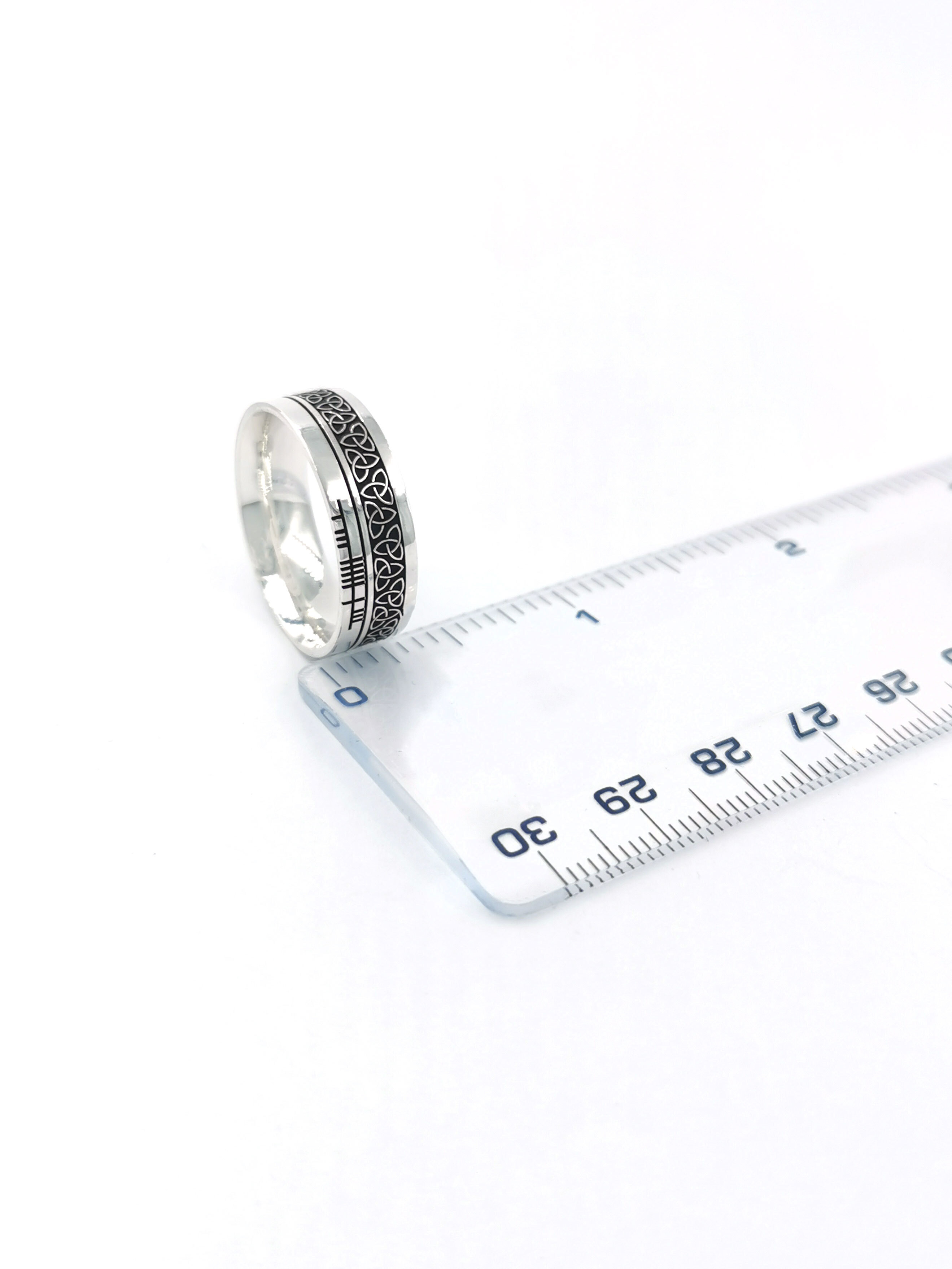 Authentic Sterling Silver Ogham & Trinity Knot Ring With a Oxidized Finish. Picture For Scale.