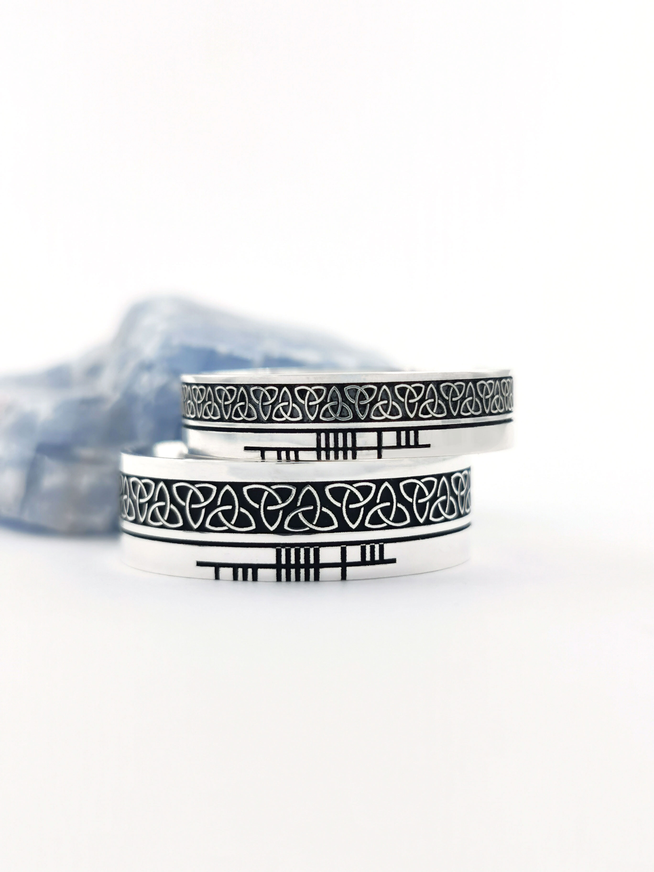 Irish Oxidized Sterling Silver Ogham & Trinity Knot 7.3mm Ring