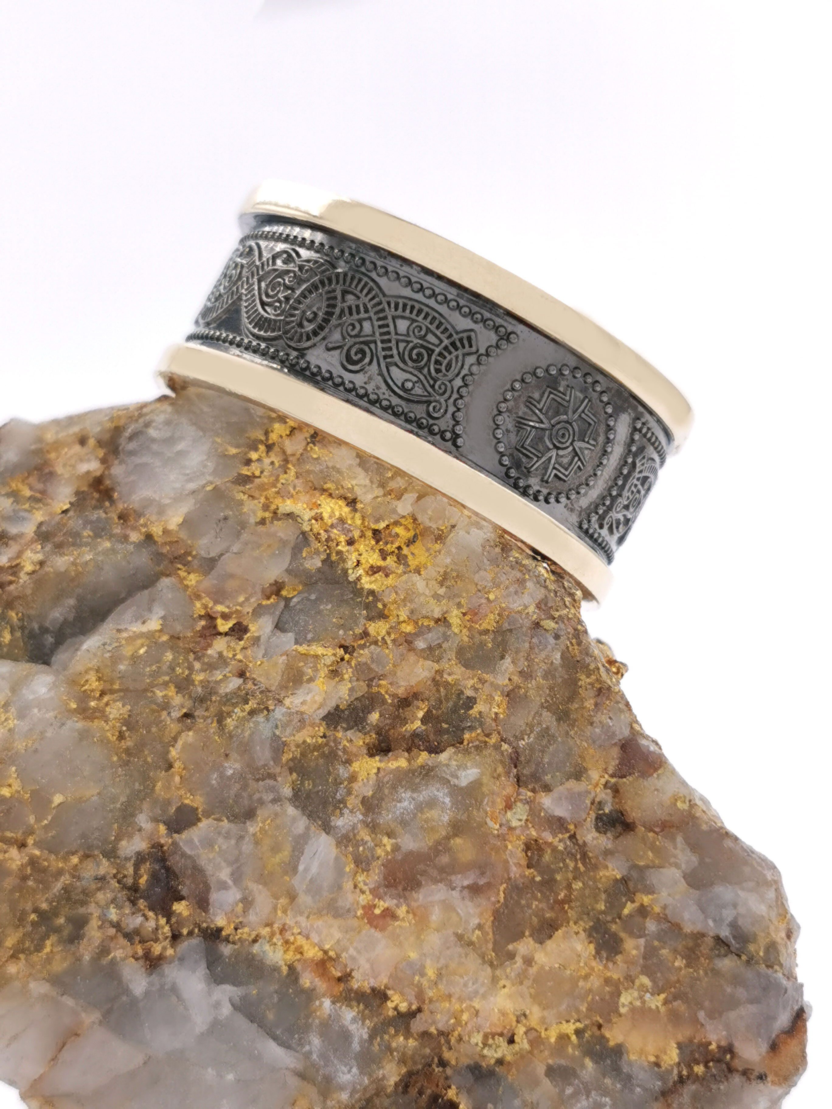 Attractive Sterling Silver & 10K Yellow Gold Ardagh Chalice & Celtic Knot 10.0mm Ring With a Oxidised Finish