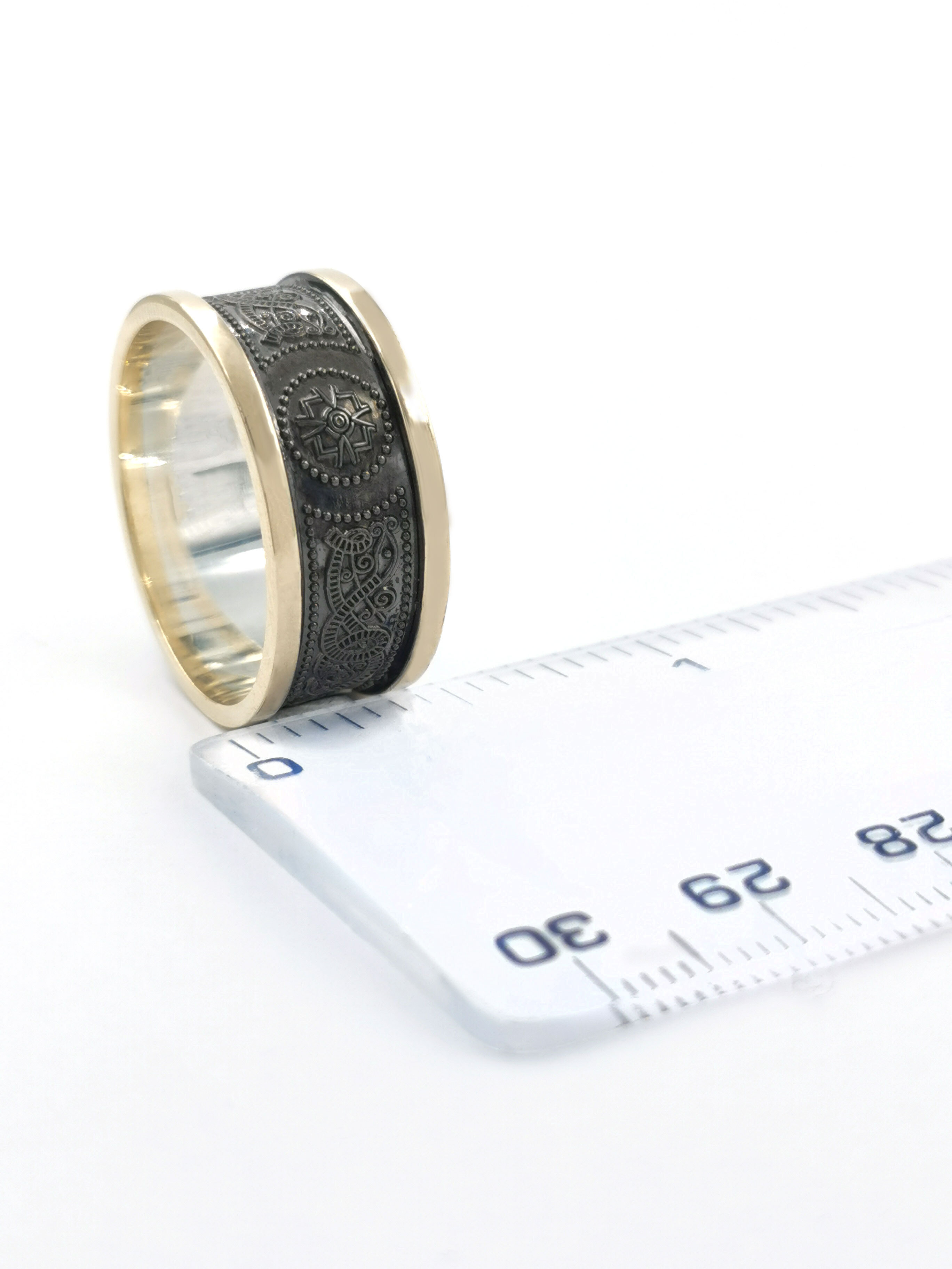 Attractive Oxidised Sterling Silver & 10K Yellow Gold Ardagh Chalice & Celtic Knot 10.0mm Ring. Picture For Scale.