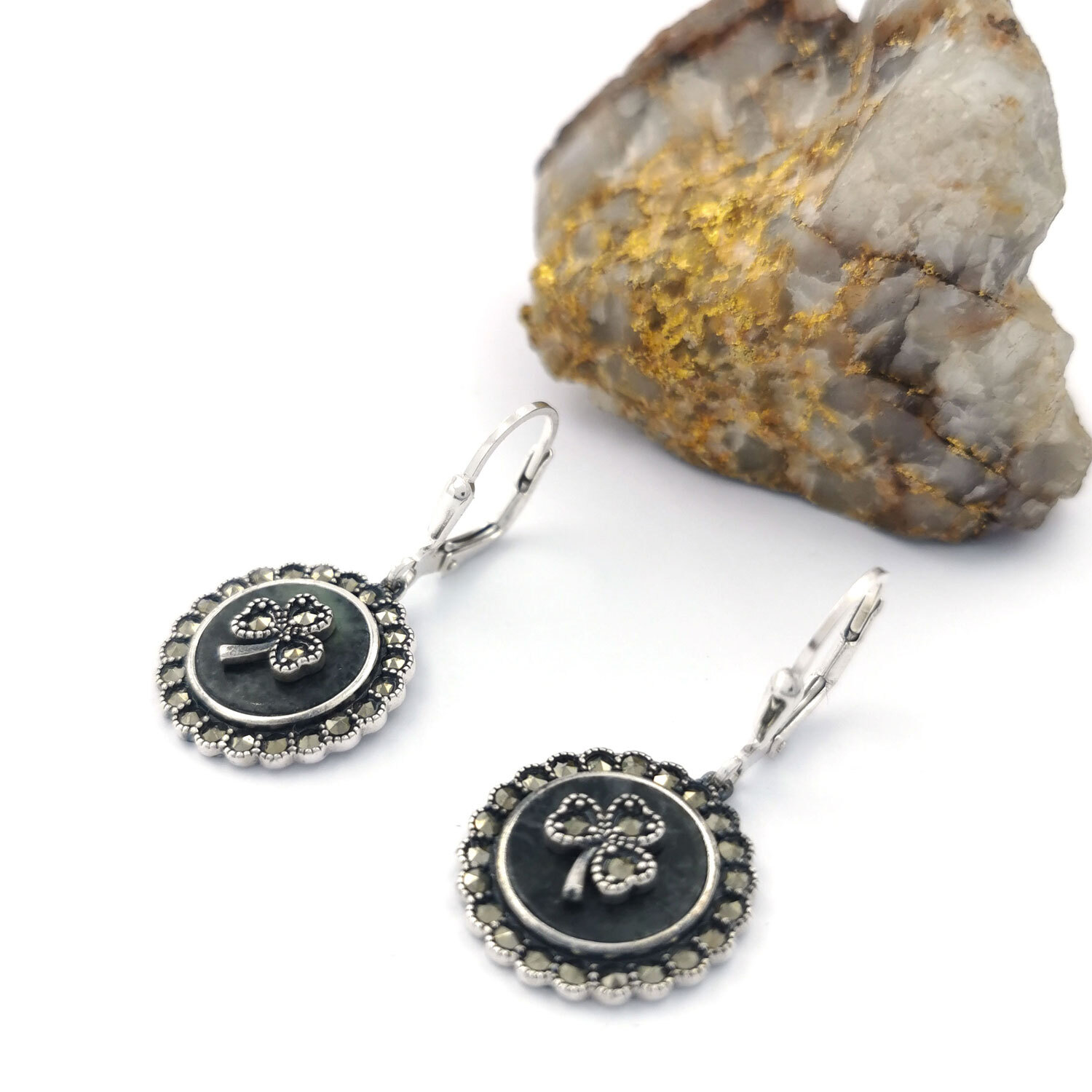 Sterling Silver Shamrock And Marcasite Drop Earrings