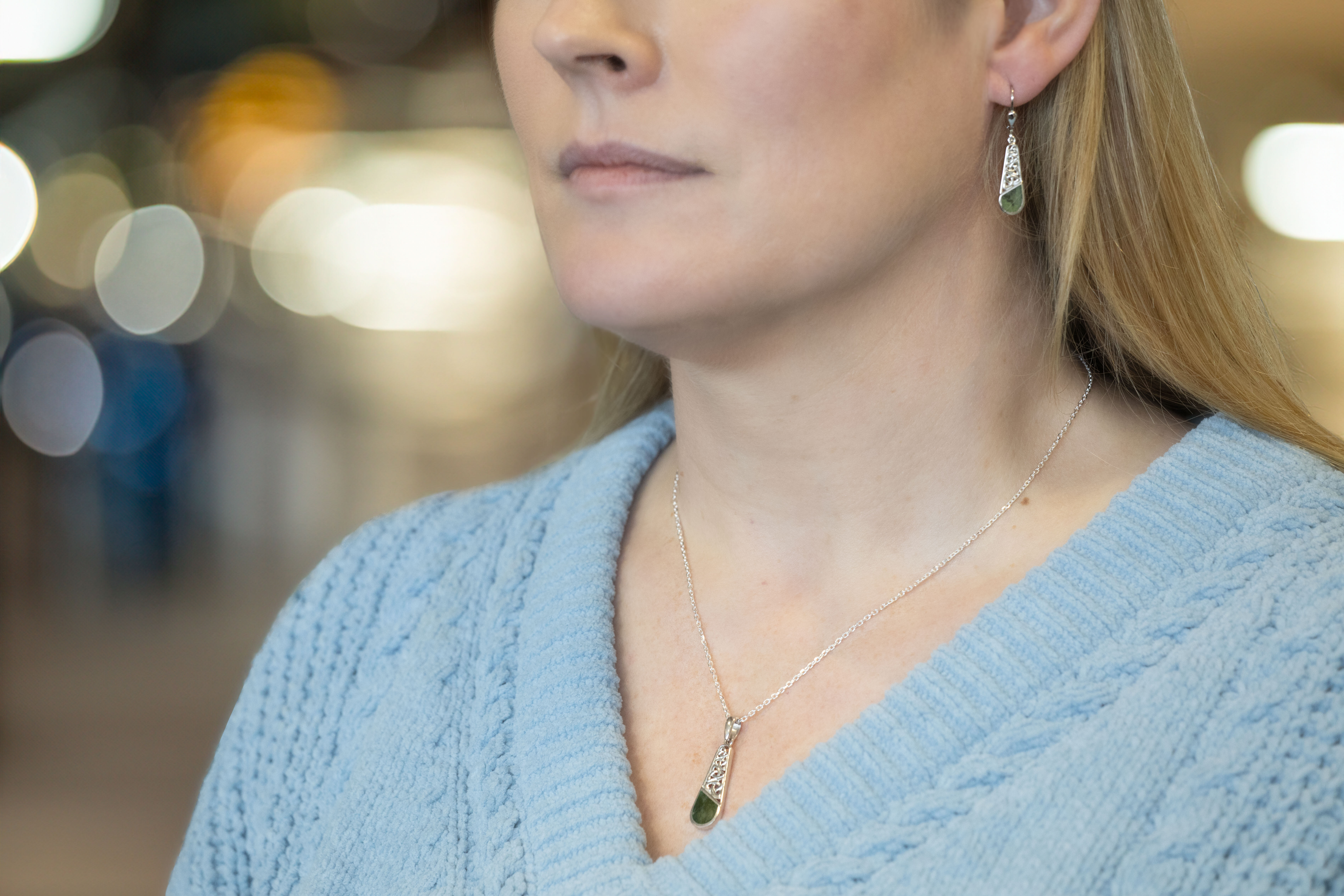 Sterling Silver Tapered Connemara Marble Earrings and necklace