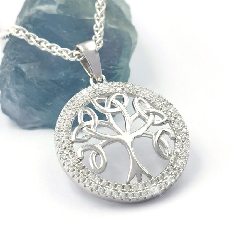 Sterling Silver Tree of Life Necklace Simulated Diamond Cubic Zirconia