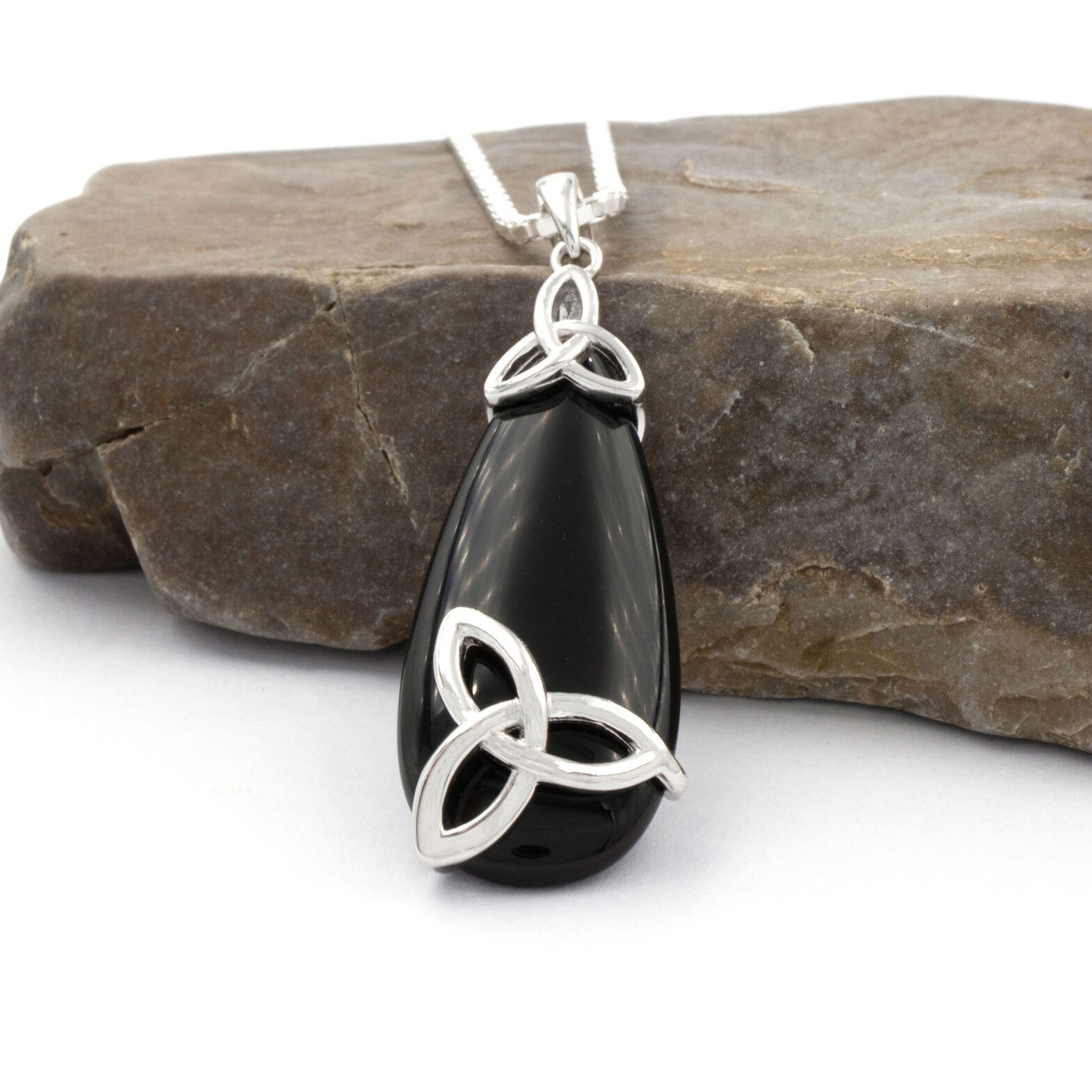 Sterling Silver Trinity Knot Necklace Set with Black Onyx