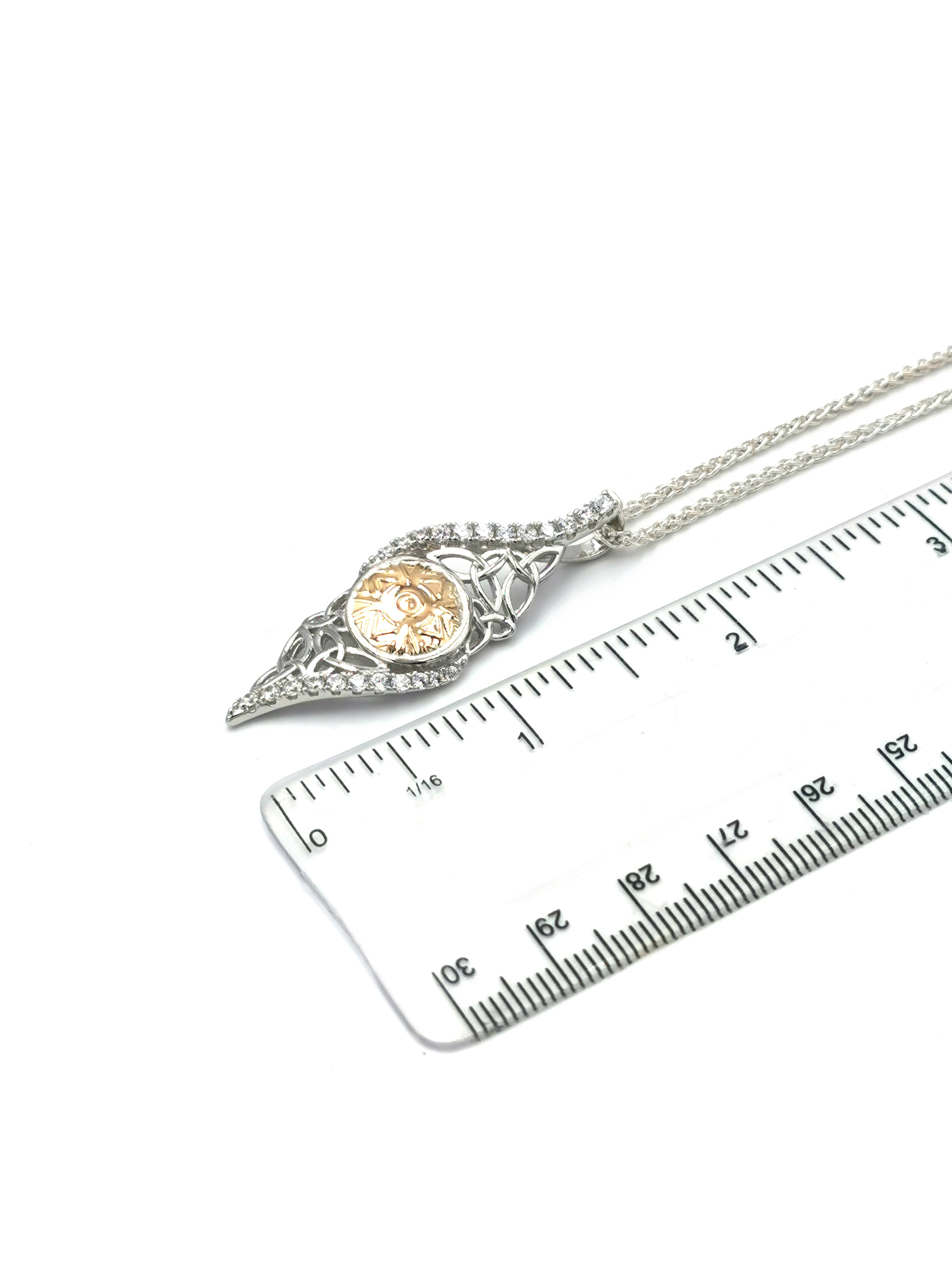 Genuine Sterling Silver & Yellow Gold Celtic Warrior & Trinity Knot Necklace For Women. Picture For Scale.