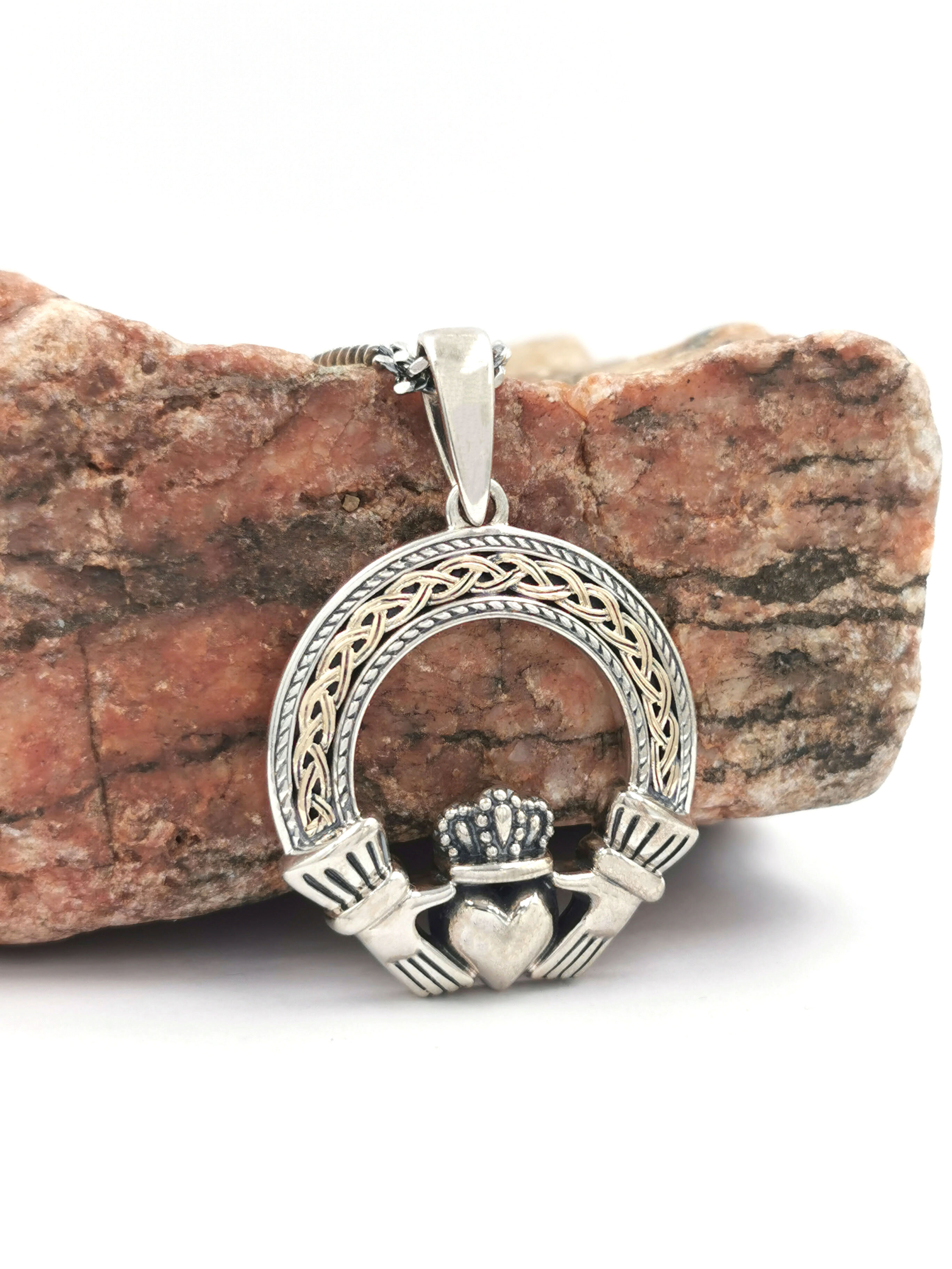 Genuine Sterling Silver & 10K Yellow Gold Claddagh Necklace With a Oxidised Finish