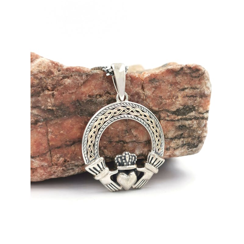 Genuine Sterling Silver & 10K Yellow Gold Claddagh Necklace With a Oxidized Finish