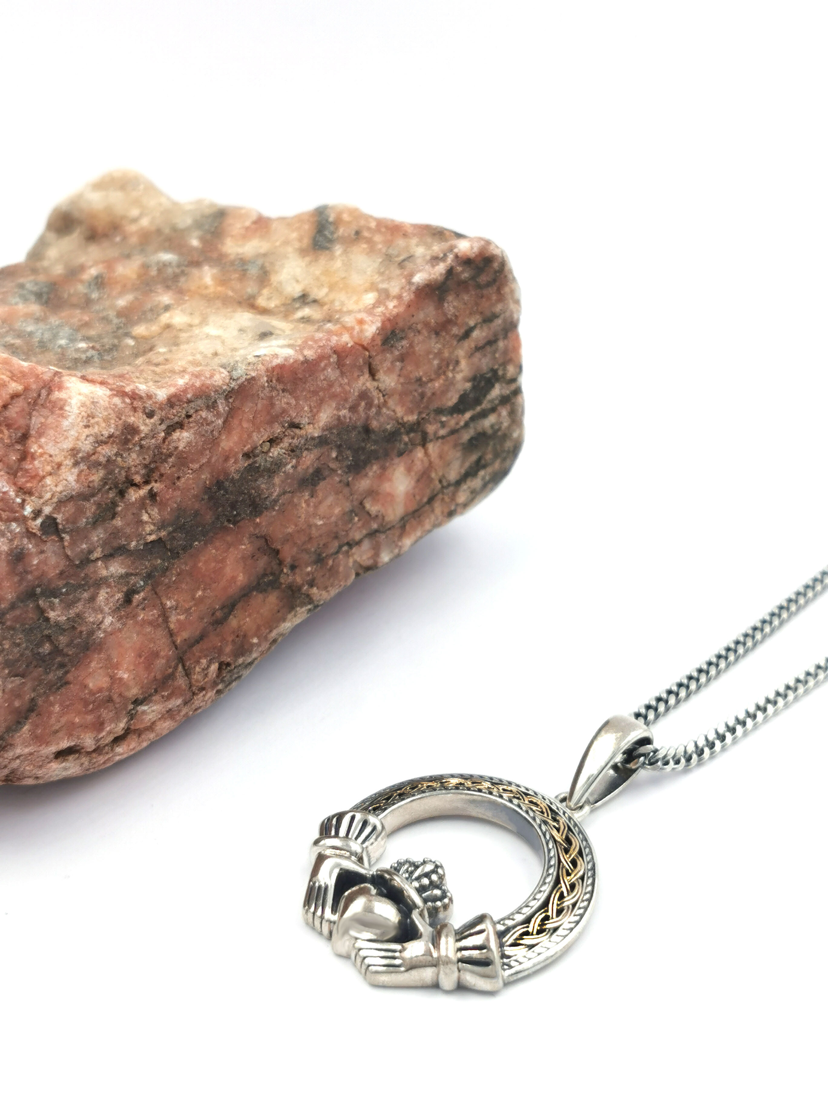 Real Sterling Silver & 10K Yellow Gold Claddagh Necklace With a Oxidised Finish