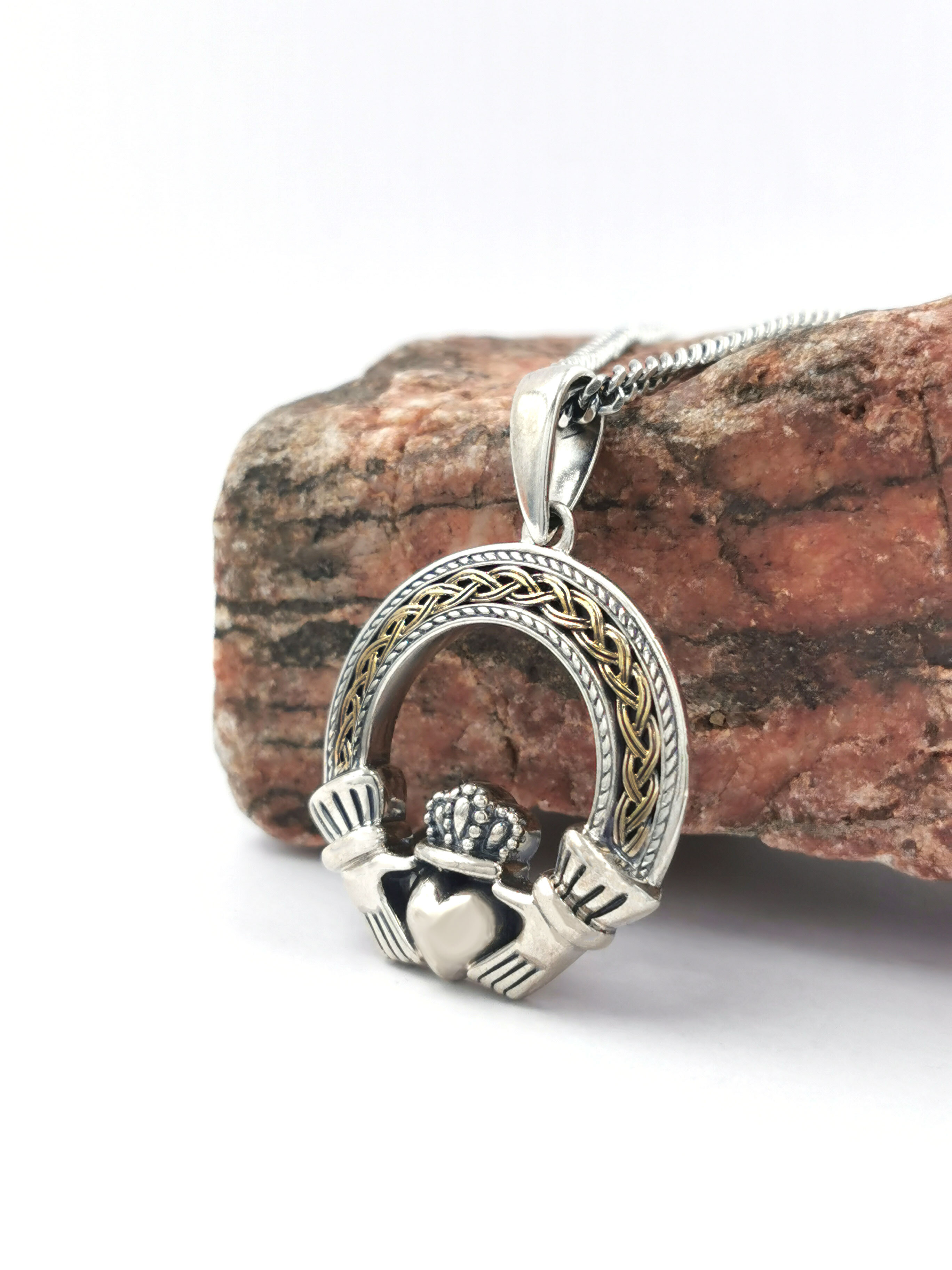 Irish Sterling Silver & 10K Yellow Gold Claddagh Necklace With a Oxidised Finish