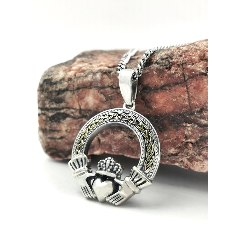 Attractive Sterling Silver & 10K Yellow Gold Claddagh Necklace With a Oxidized Finish